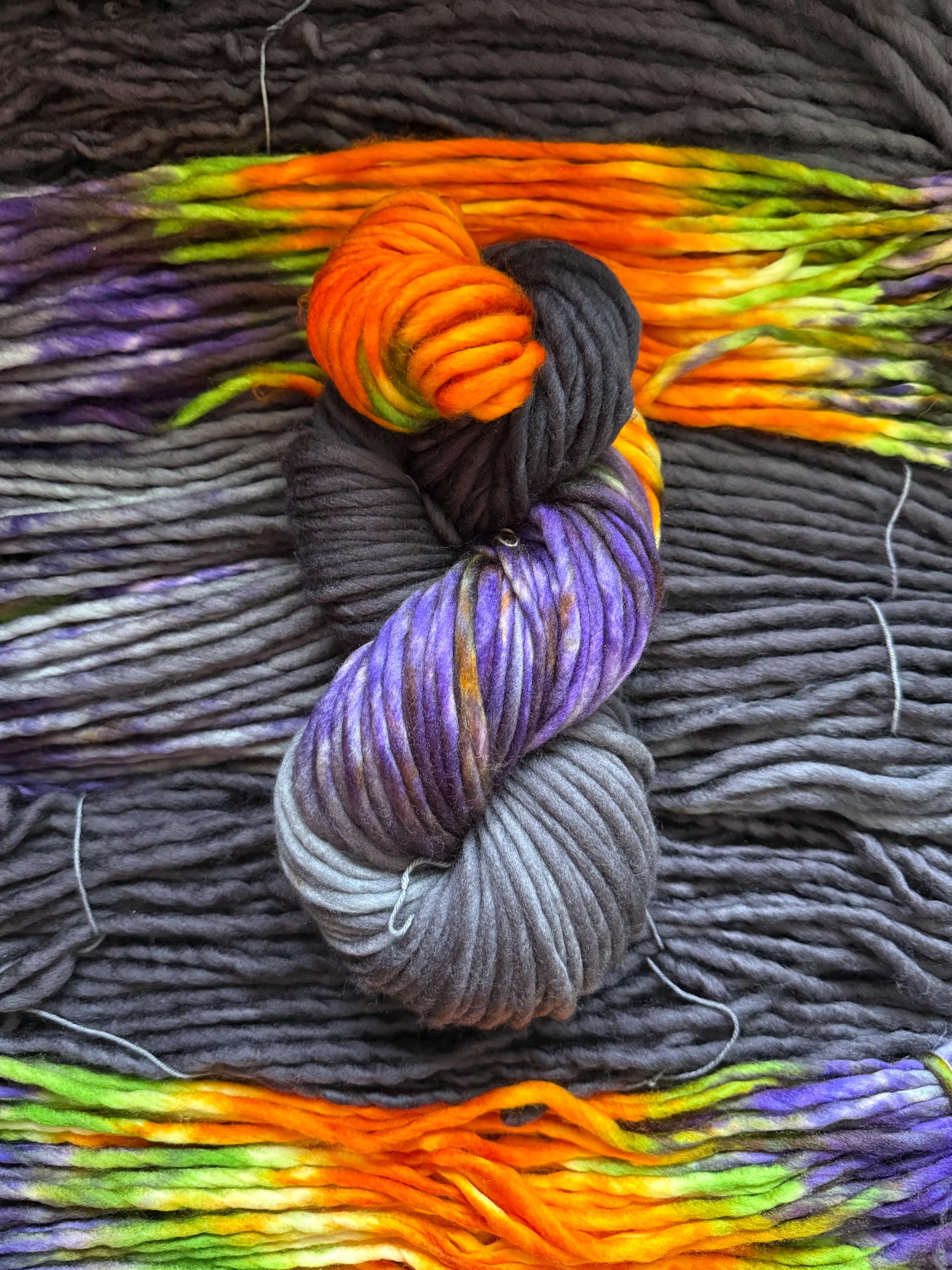 Big witch hand dyed super bulky merino wool, size 6 Halloween purple green black orange, multicolor, indie dye, superwash colorway