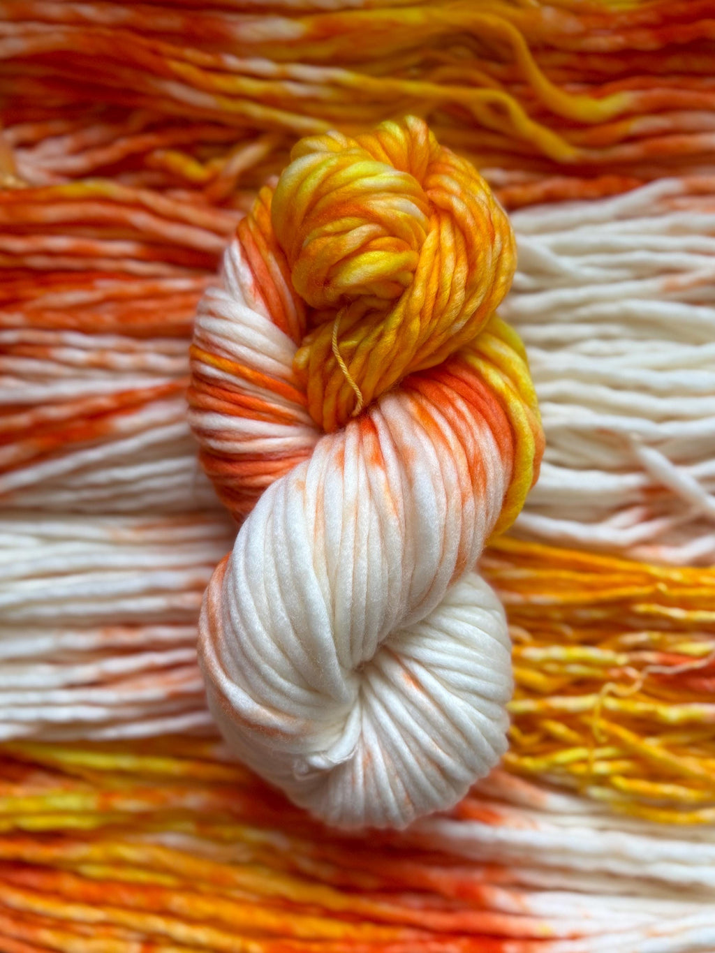 Candy corn hand dyed super bulky merino wool, size 6 Halloween, orange yellow, multicolor, indie dye, superwash colorway