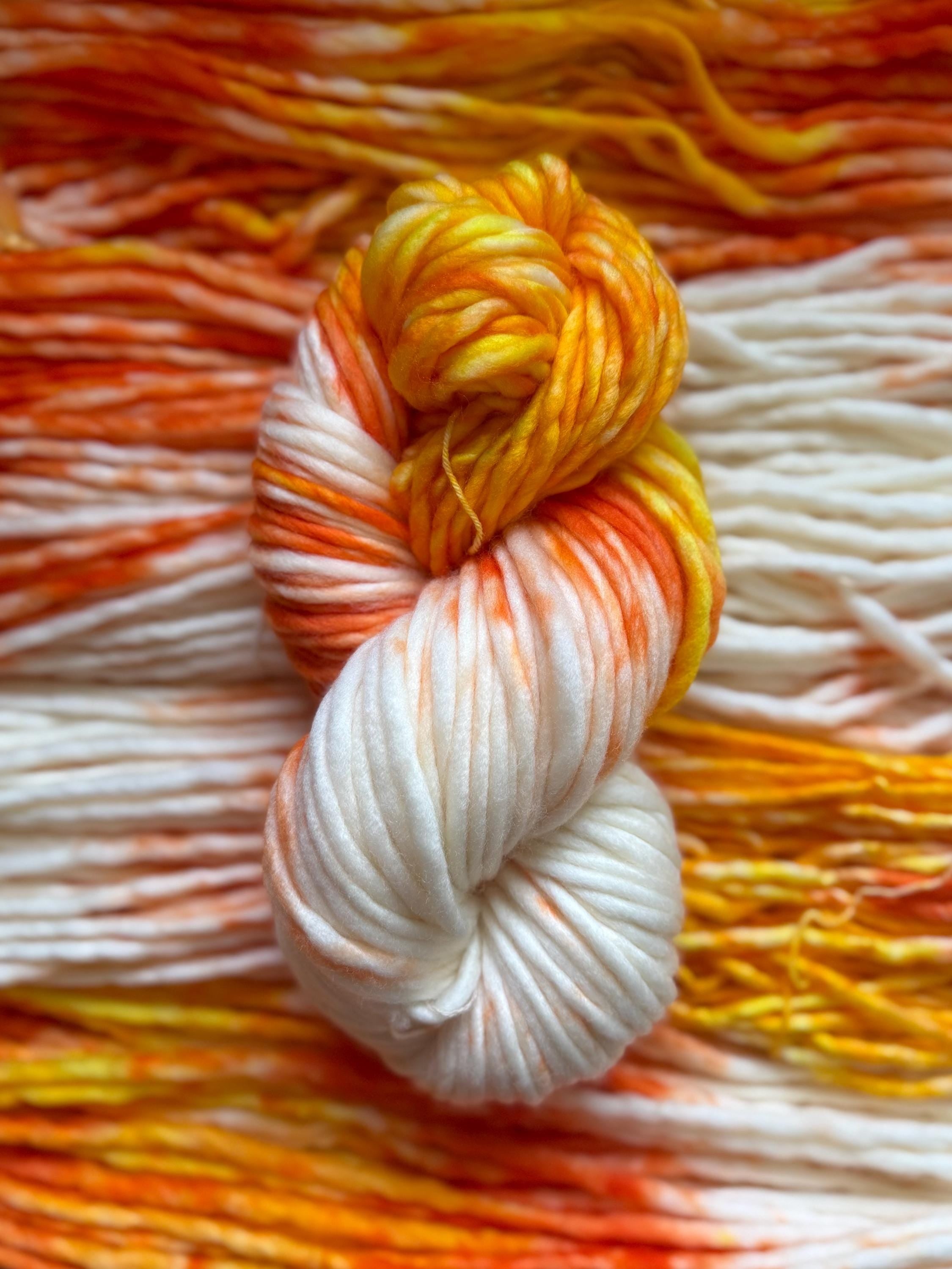 Candy corn hand dyed super bulky merino wool, size 6 Halloween, orange yellow, multicolor, indie dye, superwash colorway
