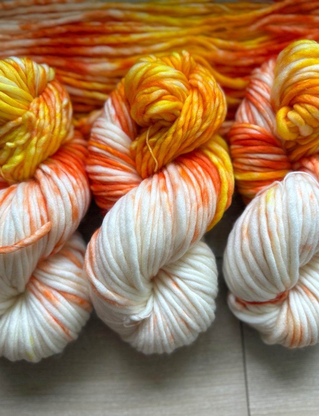 Candy corn hand dyed super bulky merino wool, size 6 Halloween, orange yellow, multicolor, indie dye, superwash colorway