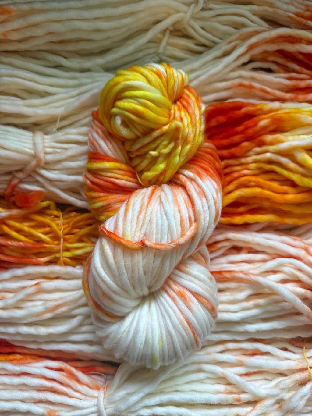 Candy corn hand dyed super bulky merino wool, size 6 Halloween, orange yellow, multicolor, indie dye, superwash colorway