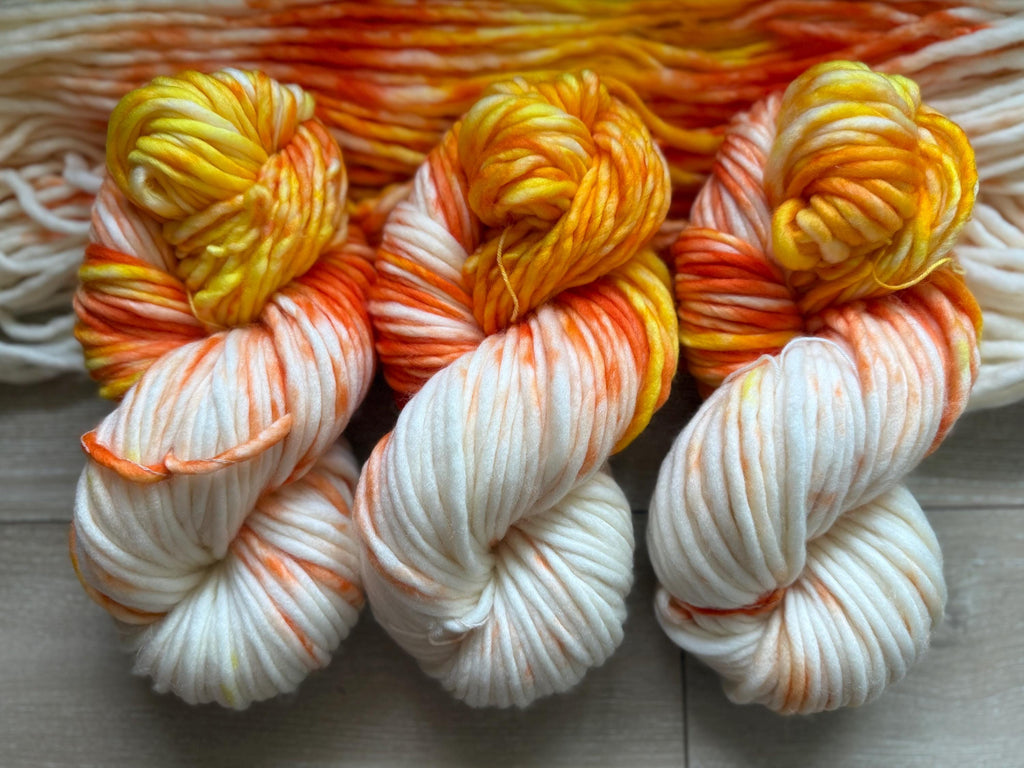 Candy corn hand dyed super bulky merino wool, size 6 Halloween, orange yellow, multicolor, indie dye, superwash colorway