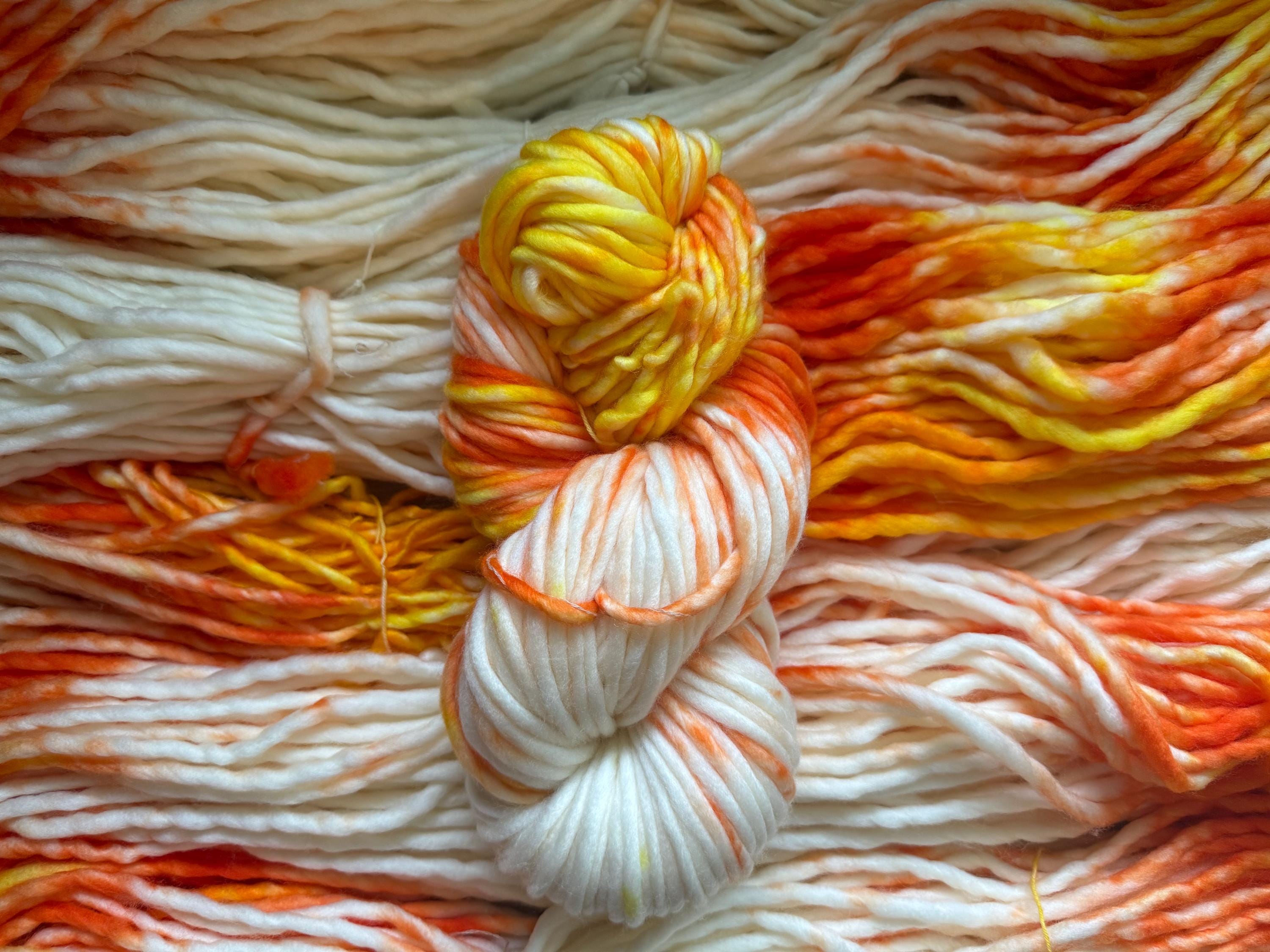 Candy corn hand dyed super bulky merino wool, size 6 Halloween, orange yellow, multicolor, indie dye, superwash colorway