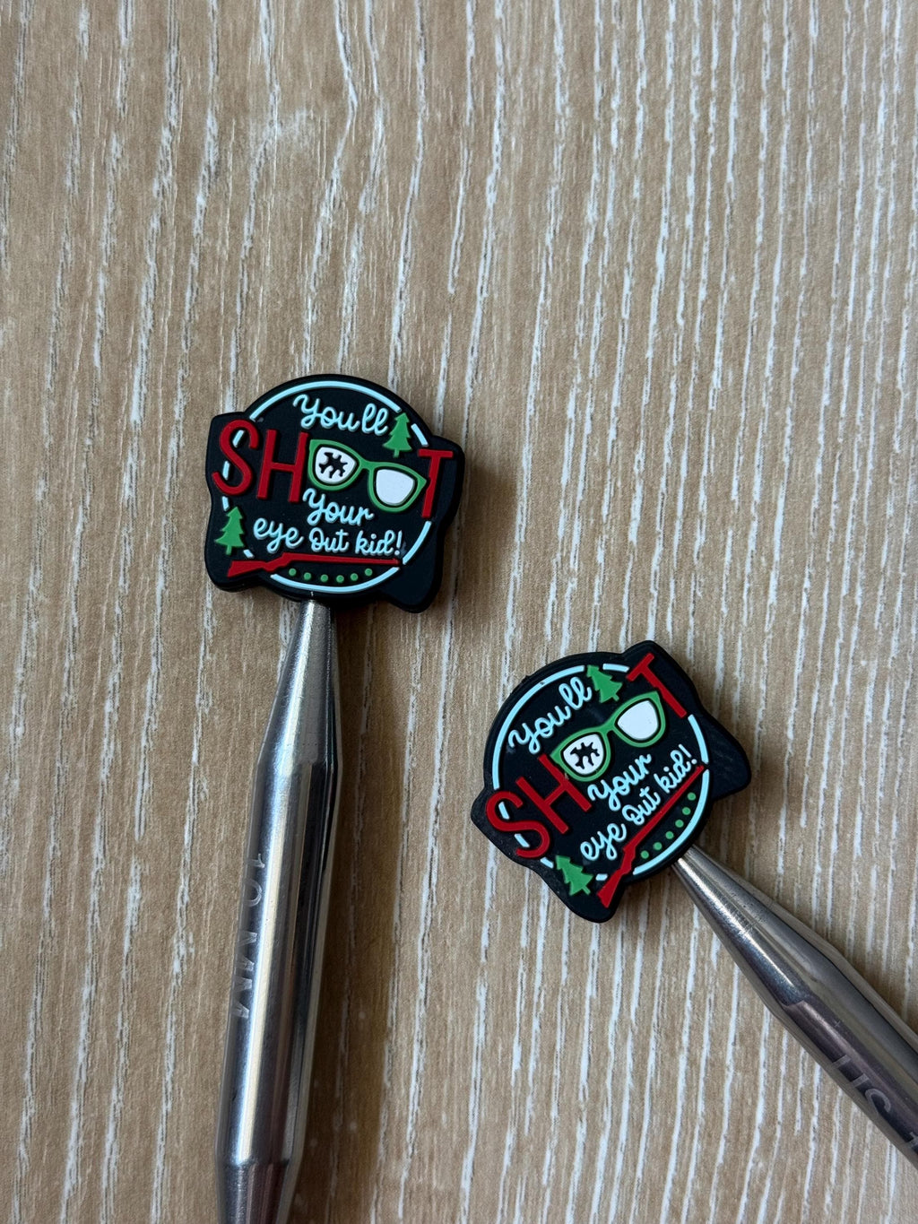 Needle stoppers for knitting needles, Christmas, youll shoot your eye out kid, stitch stopper