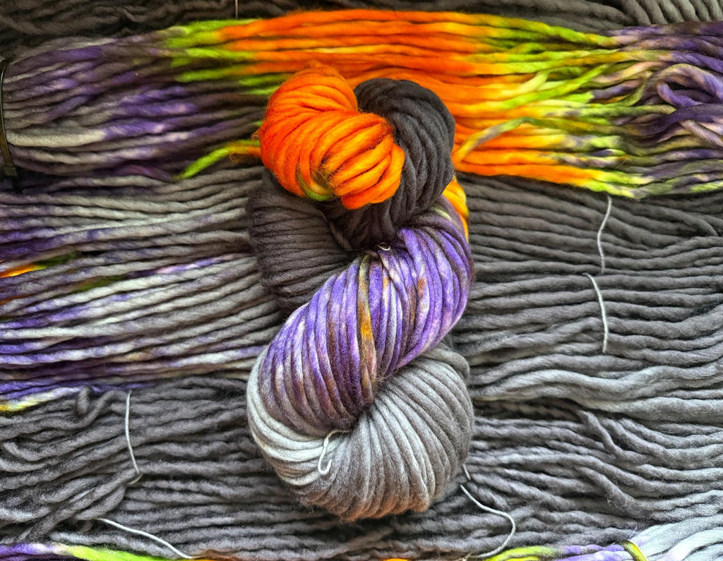 Big witch hand dyed super bulky merino wool, size 6 Halloween purple green black orange, multicolor, indie dye, superwash colorway
