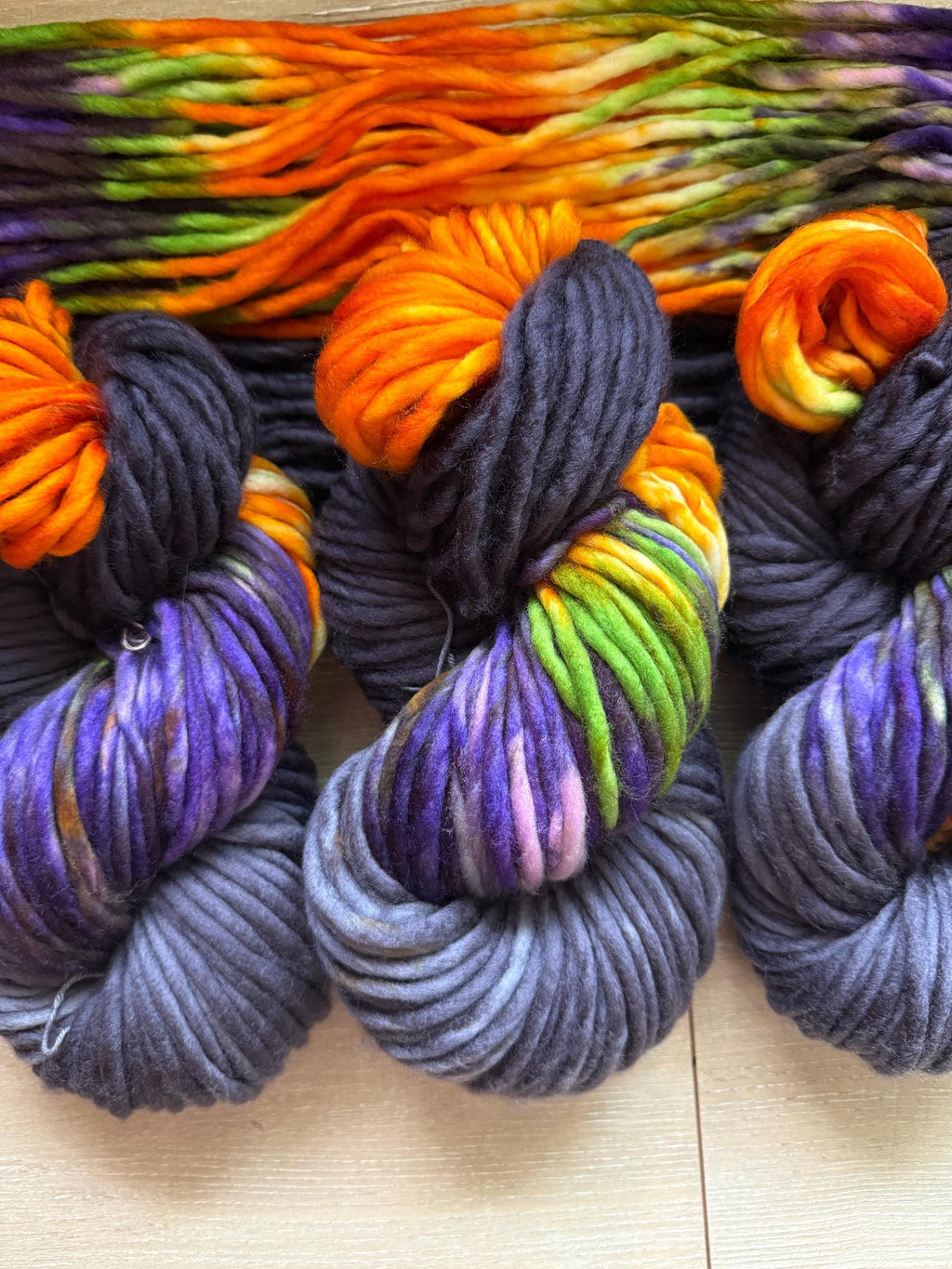 Big witch hand dyed super bulky merino wool, size 6 Halloween purple green black orange, multicolor, indie dye, superwash colorway
