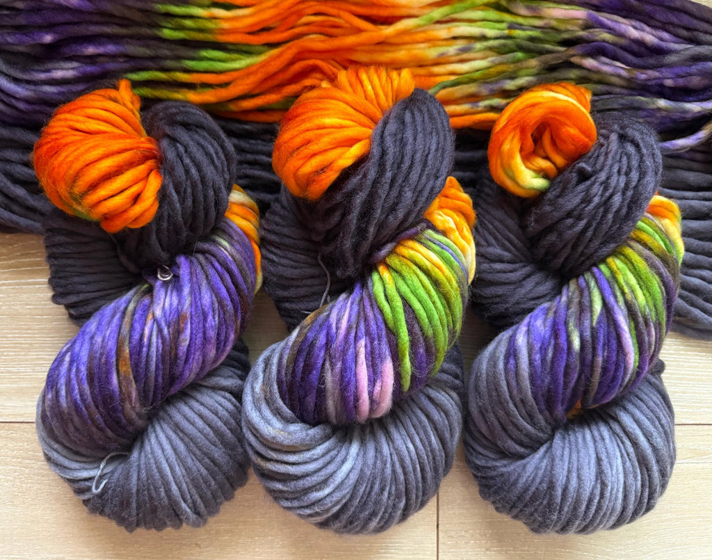 Big witch hand dyed super bulky merino wool, size 6 Halloween purple green black orange, multicolor, indie dye, superwash colorway