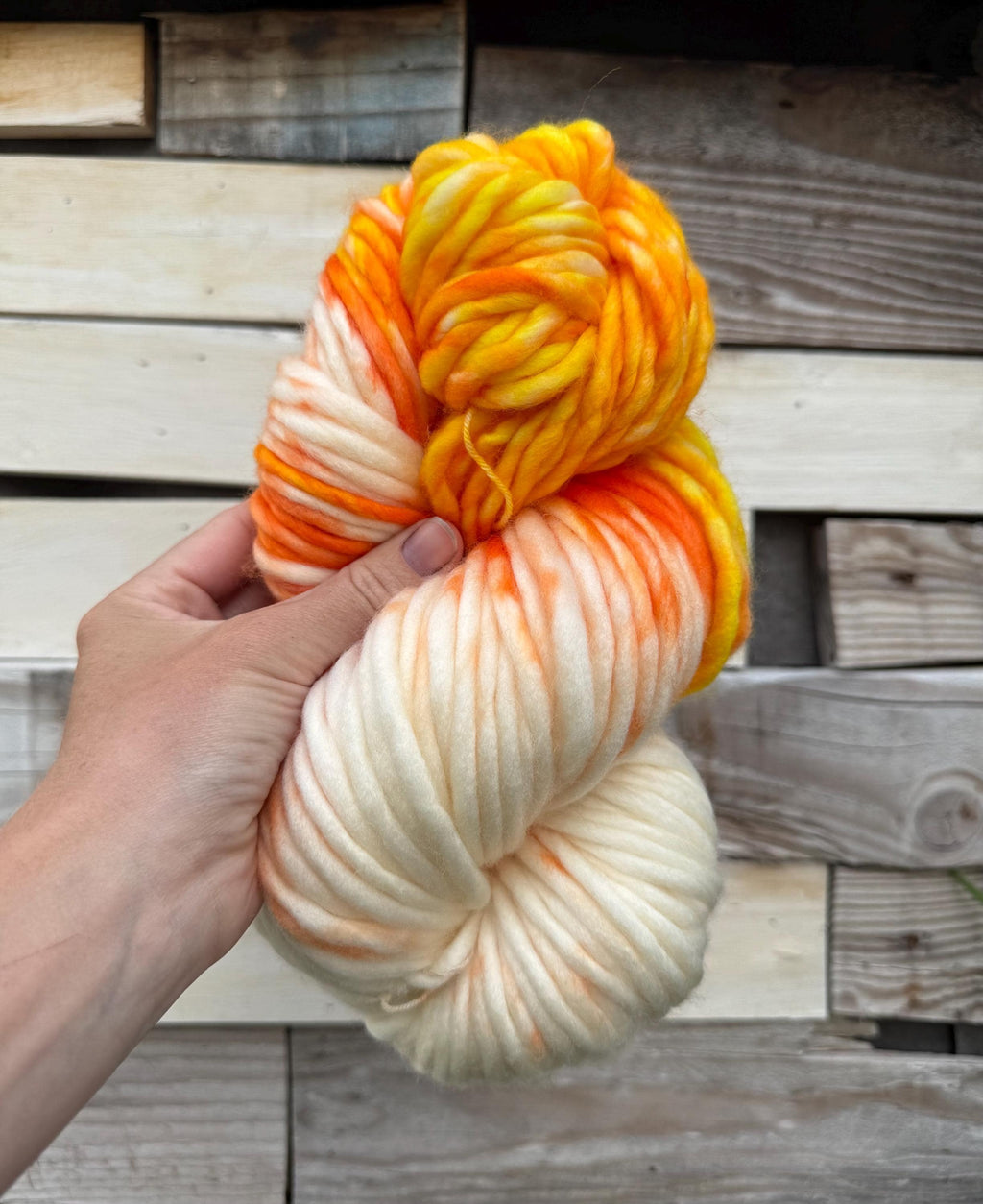 Candy corn hand dyed super bulky merino wool, size 6 Halloween, orange yellow, multicolor, indie dye, superwash colorway