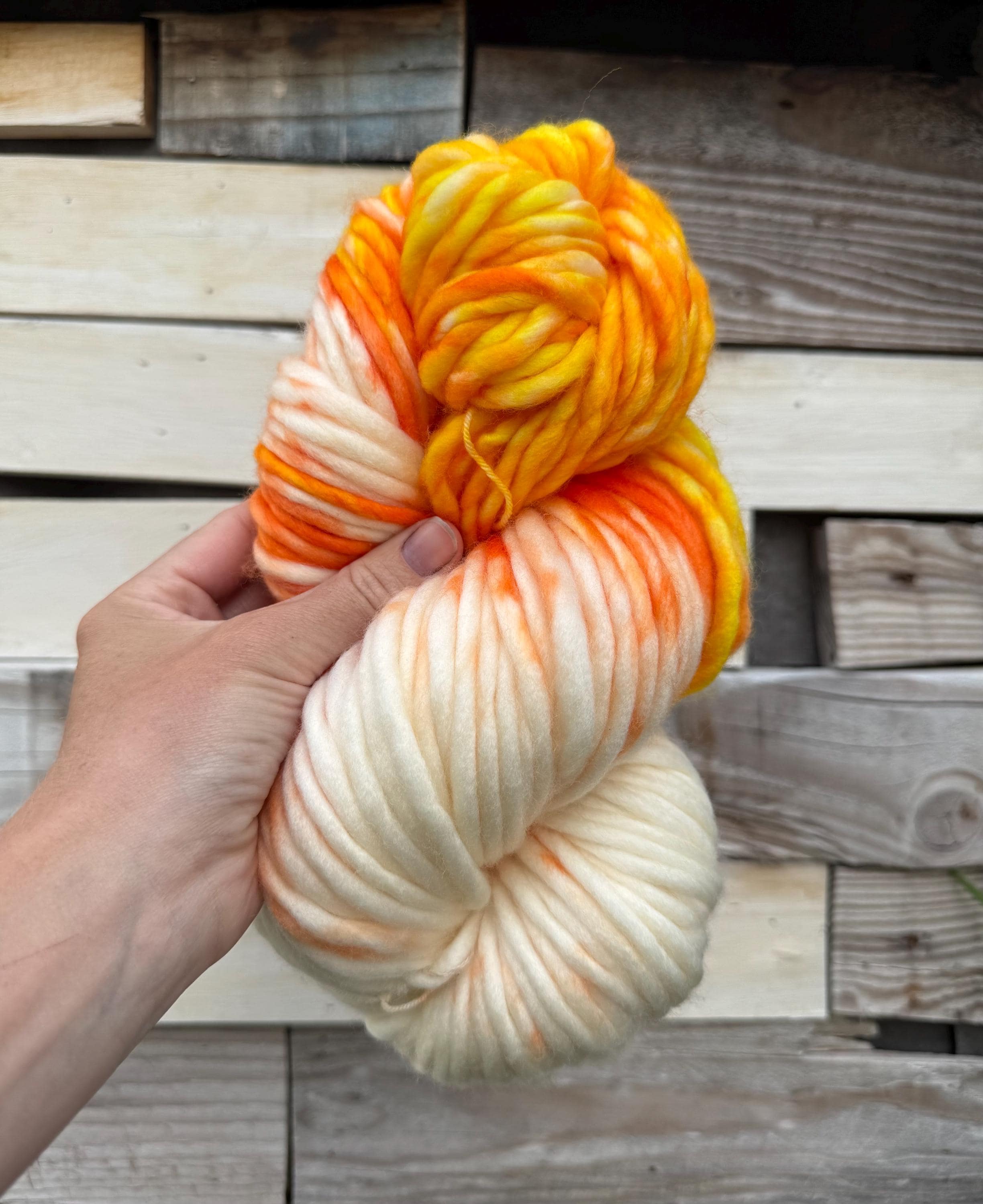 Candy corn hand dyed super bulky merino wool, size 6 Halloween, orange yellow, multicolor, indie dye, superwash colorway