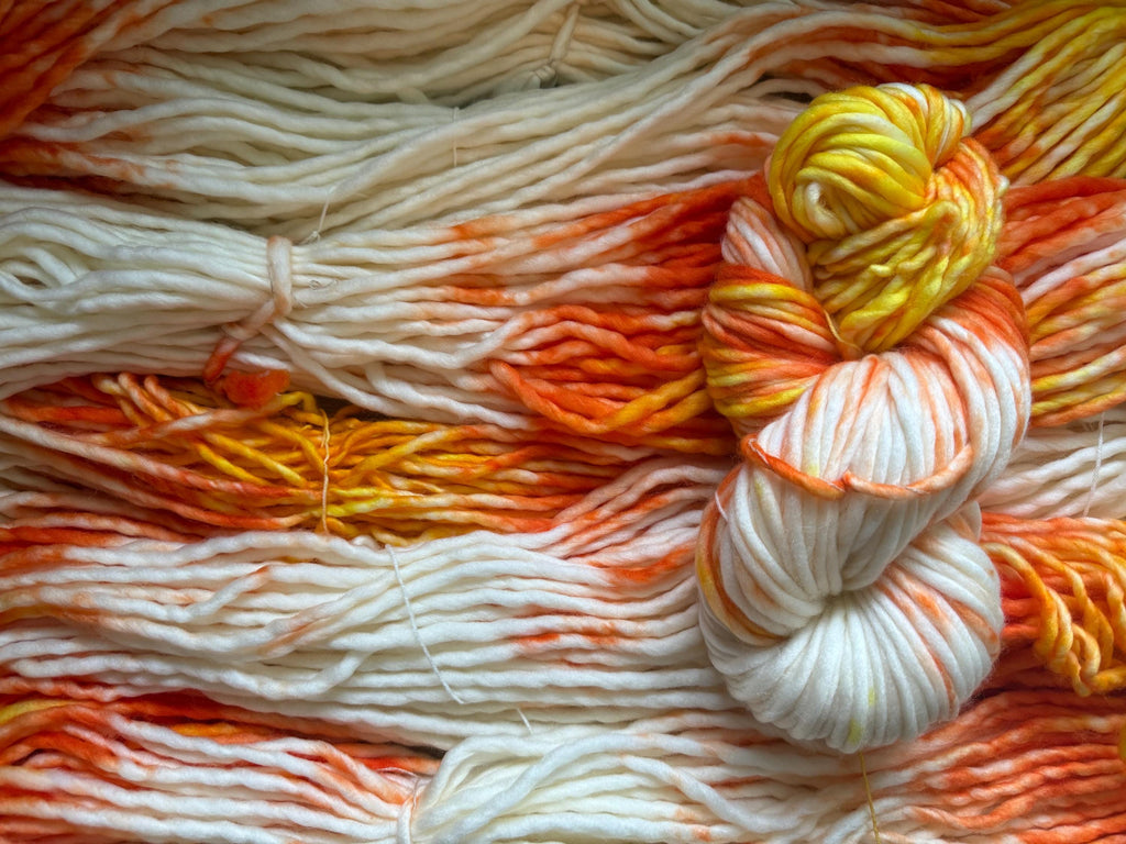 Candy corn hand dyed super bulky merino wool, size 6 Halloween, orange yellow, multicolor, indie dye, superwash colorway