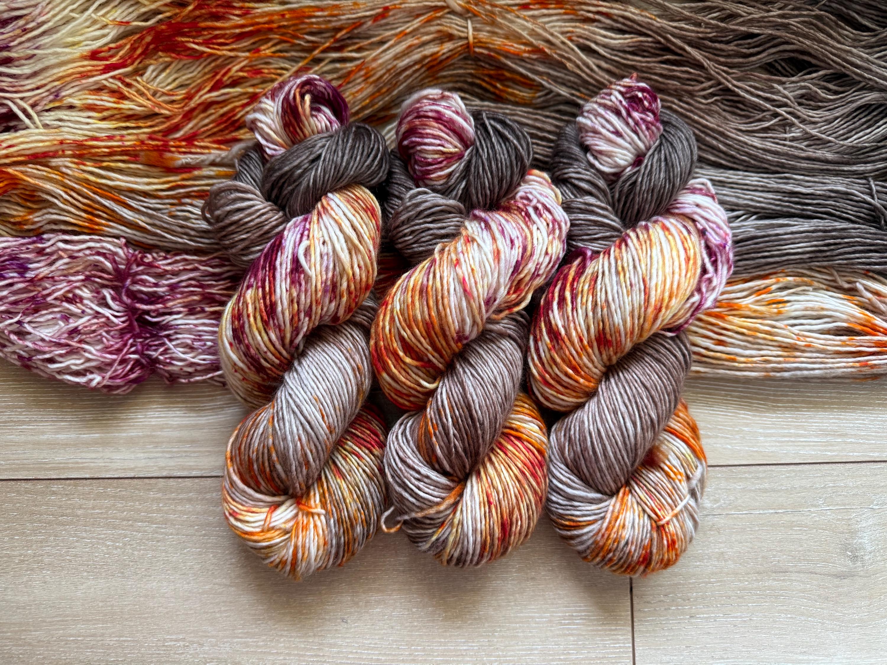 Wild mushroom hand dyed yarn (worsted/aran) merino wool, superwash yarn, brown orange , hank of yarn , for knit crochet