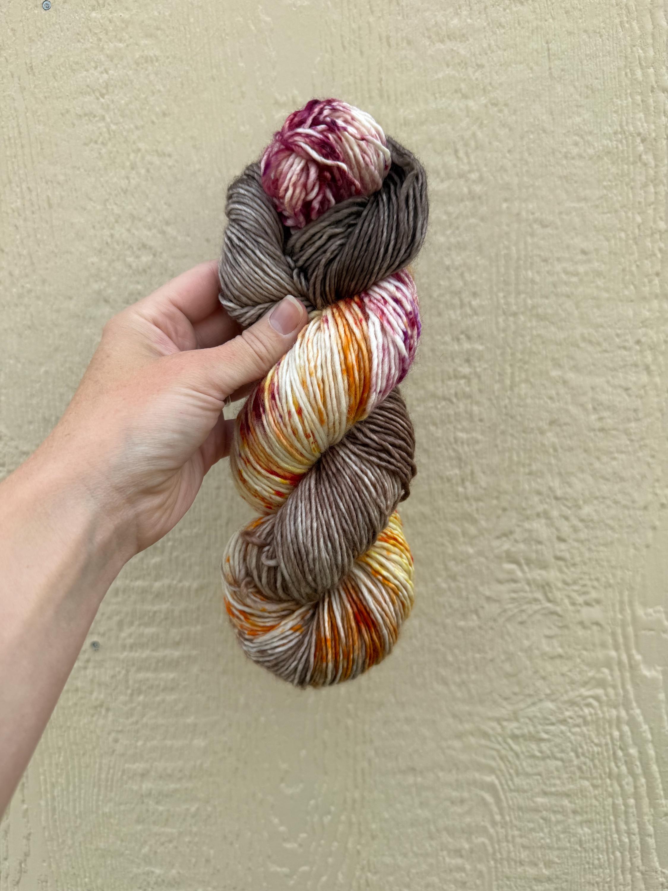 Wild mushroom hand dyed yarn (worsted/aran) merino wool, superwash yarn, brown orange , hank of yarn , for knit crochet