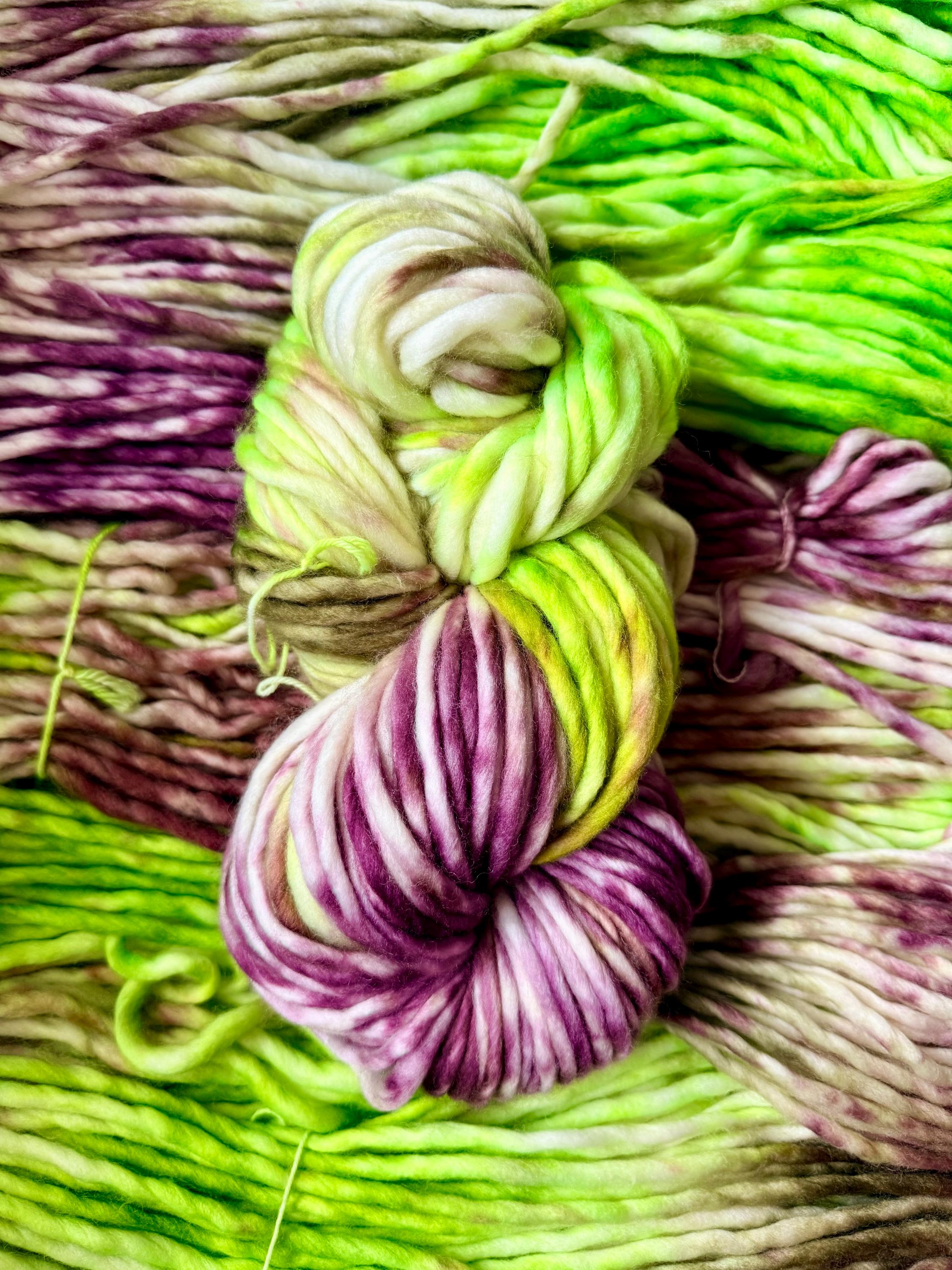 Zombie dance hand dyed super bulky merino wool, size 6 Halloween purple green brown multicolor, indie dye, superwash colorway