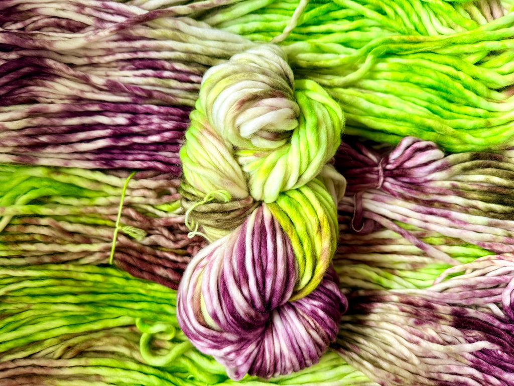 Zombie dance hand dyed super bulky merino wool, size 6 Halloween purple green brown multicolor, indie dye, superwash colorway