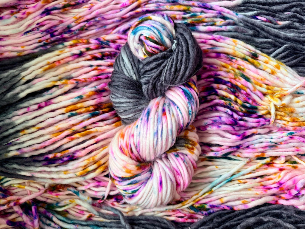 Fiesta hand dyed super bulky merino wool, size 6 pink, black, speckled, solid, multicolor, indie dye, superwash spring colorway