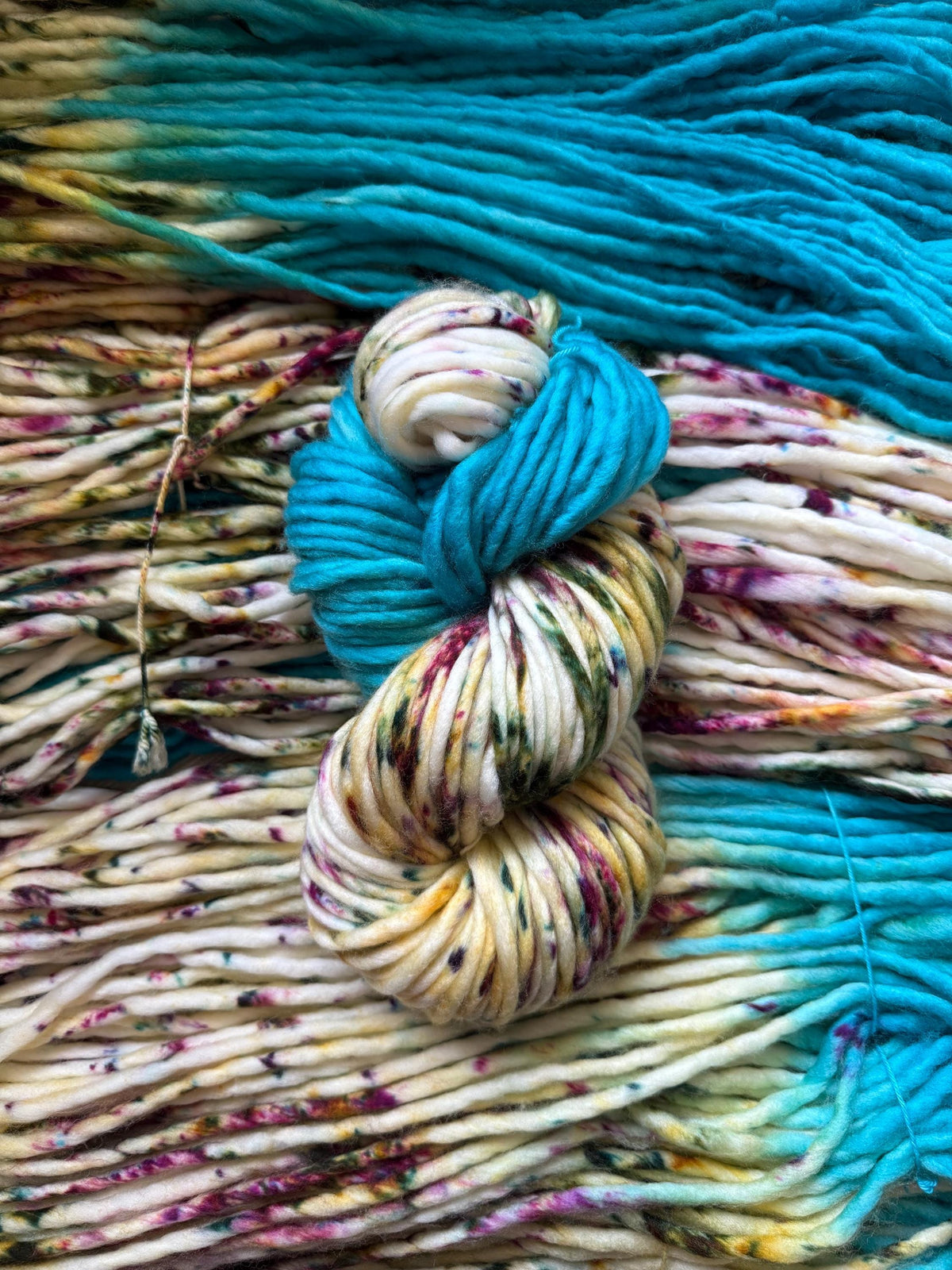 Enchanted spring hand dyed super bulky merino wool, size 6 turquoise gold ,natural, speckled, solid, multicolor, indie dye, superwash