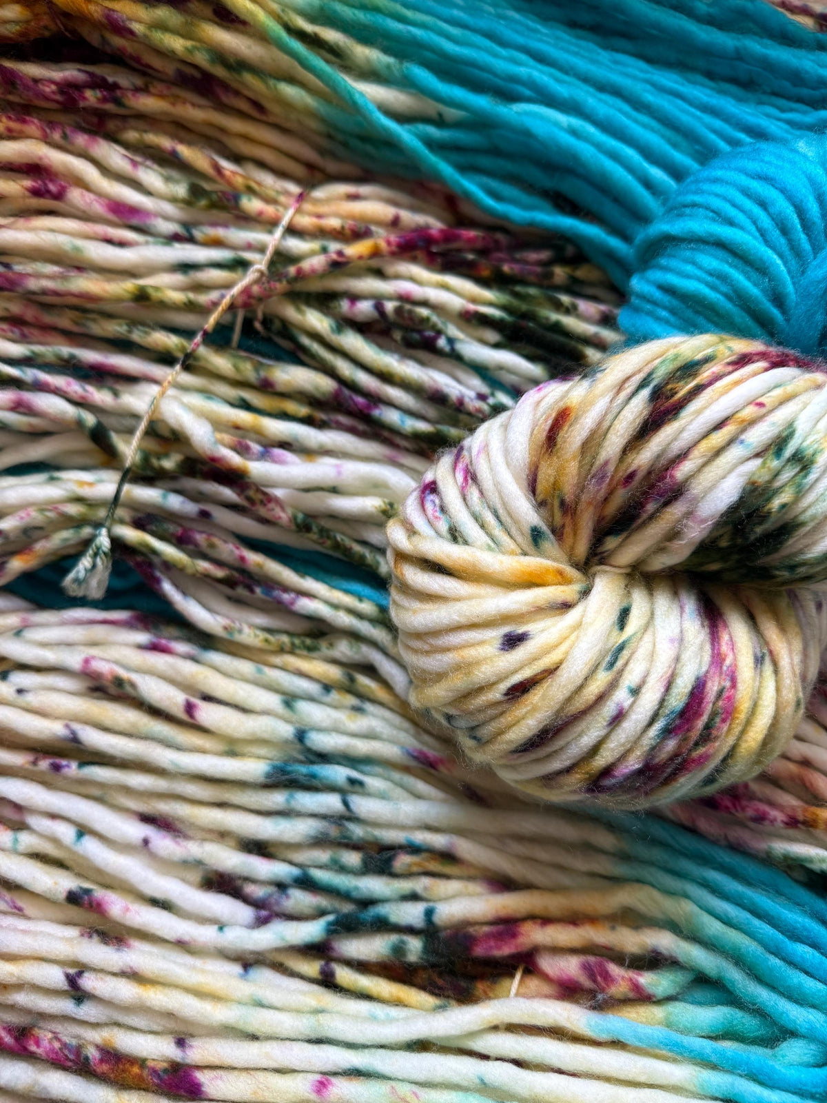 Enchanted spring hand dyed super bulky merino wool, size 6 turquoise gold ,natural, speckled, solid, multicolor, indie dye, superwash