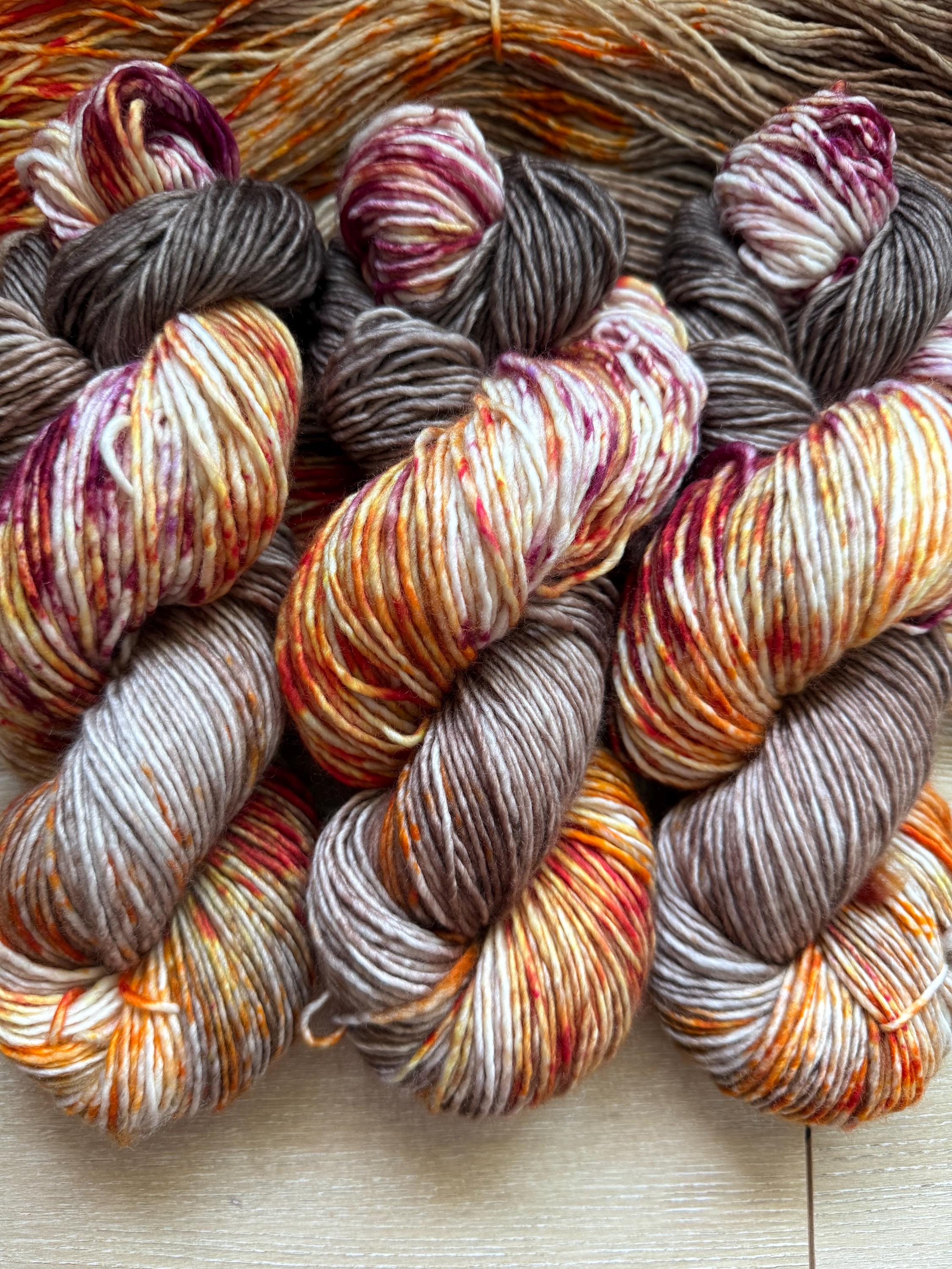 Wild mushroom hand dyed yarn (worsted/aran) merino wool, superwash yarn, brown orange , hank of yarn , for knit crochet