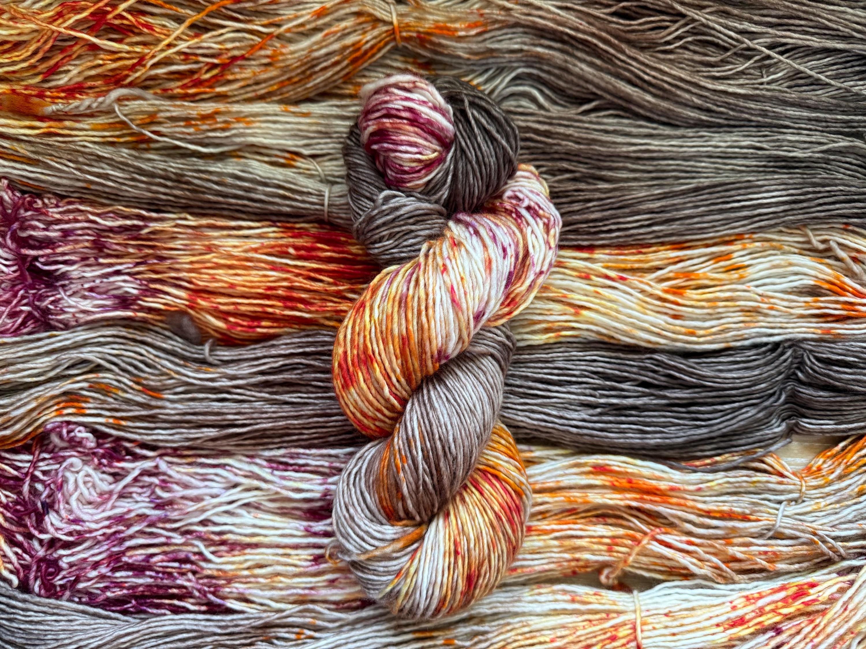 Wild mushroom hand dyed yarn (worsted/aran) merino wool, superwash yarn, brown orange , hank of yarn , for knit crochet