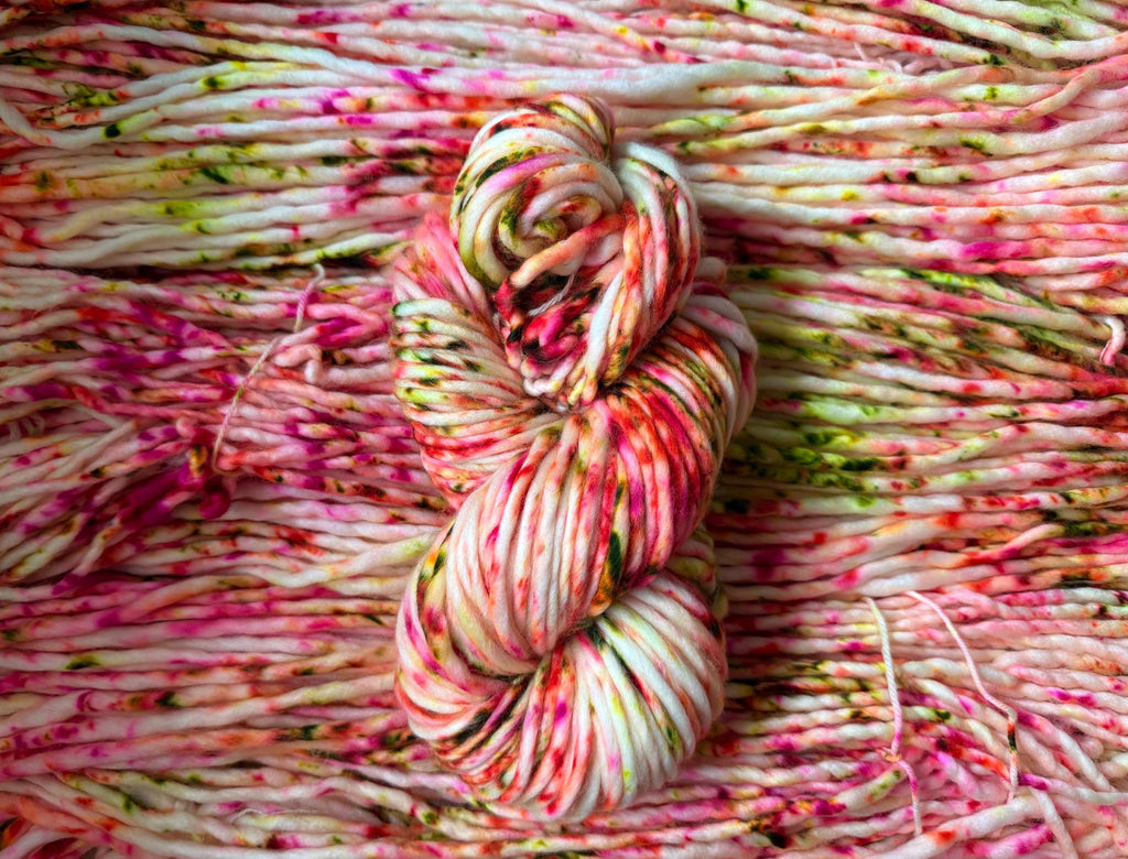 Retro pop hand dyed super bulky merino wool, size 6 pink orange green neon, speckled, solid, multicolor, indie dye, superwash