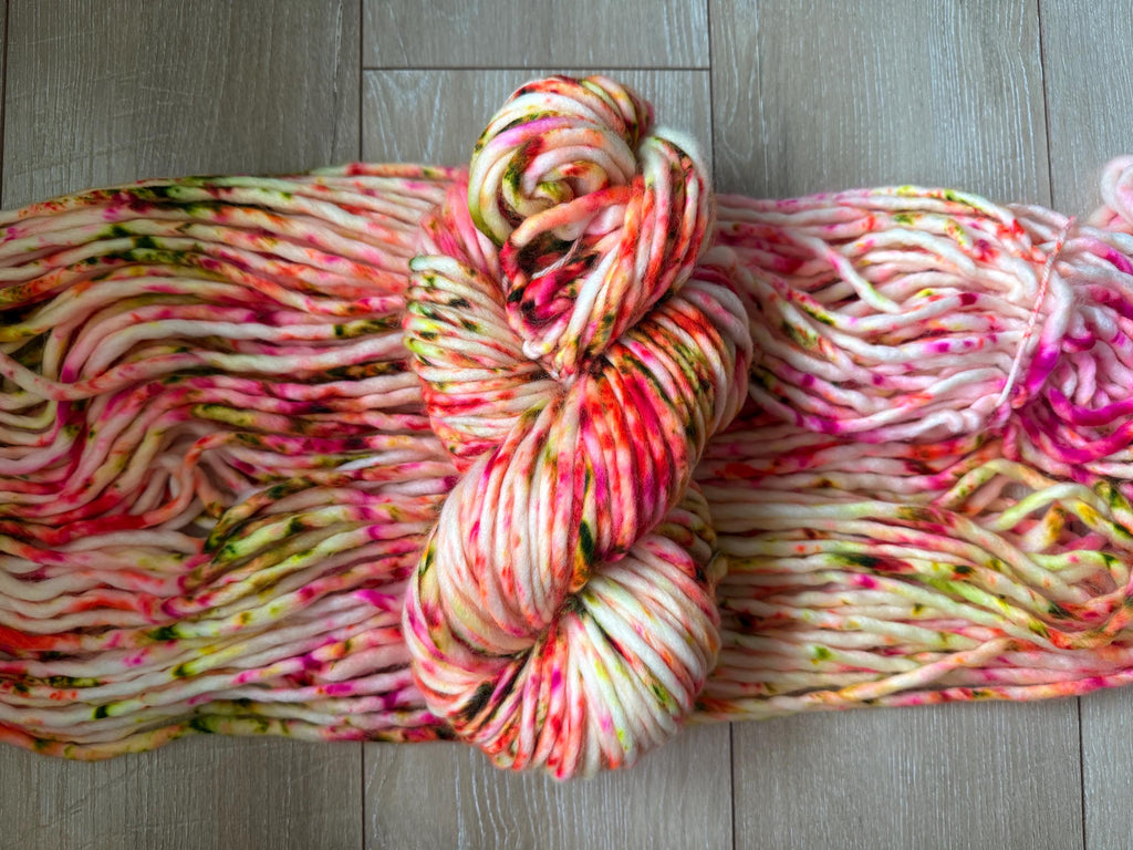 Retro pop hand dyed super bulky merino wool, size 6 pink orange green neon, speckled, solid, multicolor, indie dye, superwash