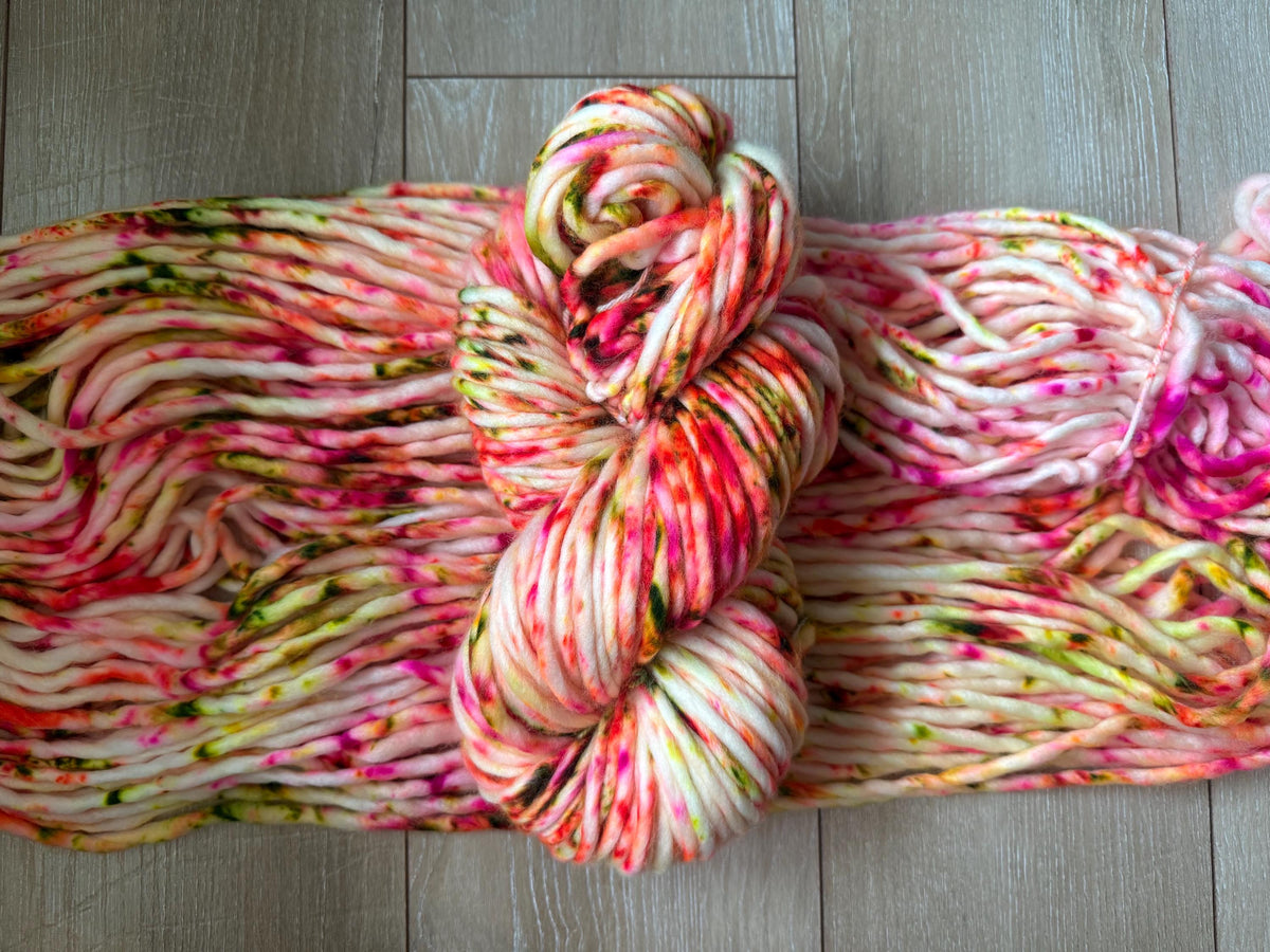 Retro pop hand dyed super bulky merino wool, size 6 pink orange green neon, speckled, solid, multicolor, indie dye, superwash
