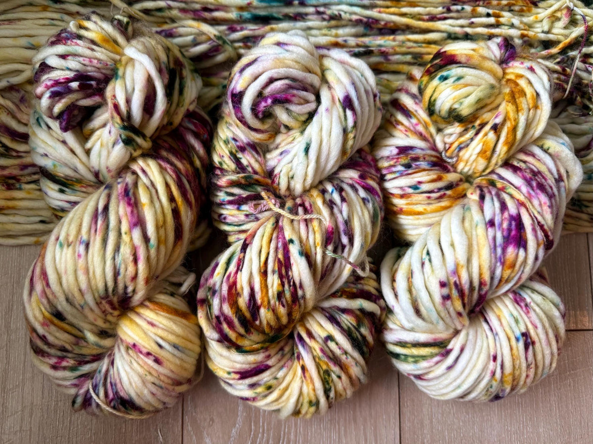 Bramble hand dyed super bulky merino wool, size 6 green gold purple, autumn fall natural, speckled, solid, multicolor, indie dye, superwash