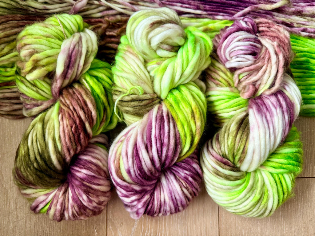 Zombie dance hand dyed super bulky merino wool, size 6 Halloween purple green brown multicolor, indie dye, superwash colorway