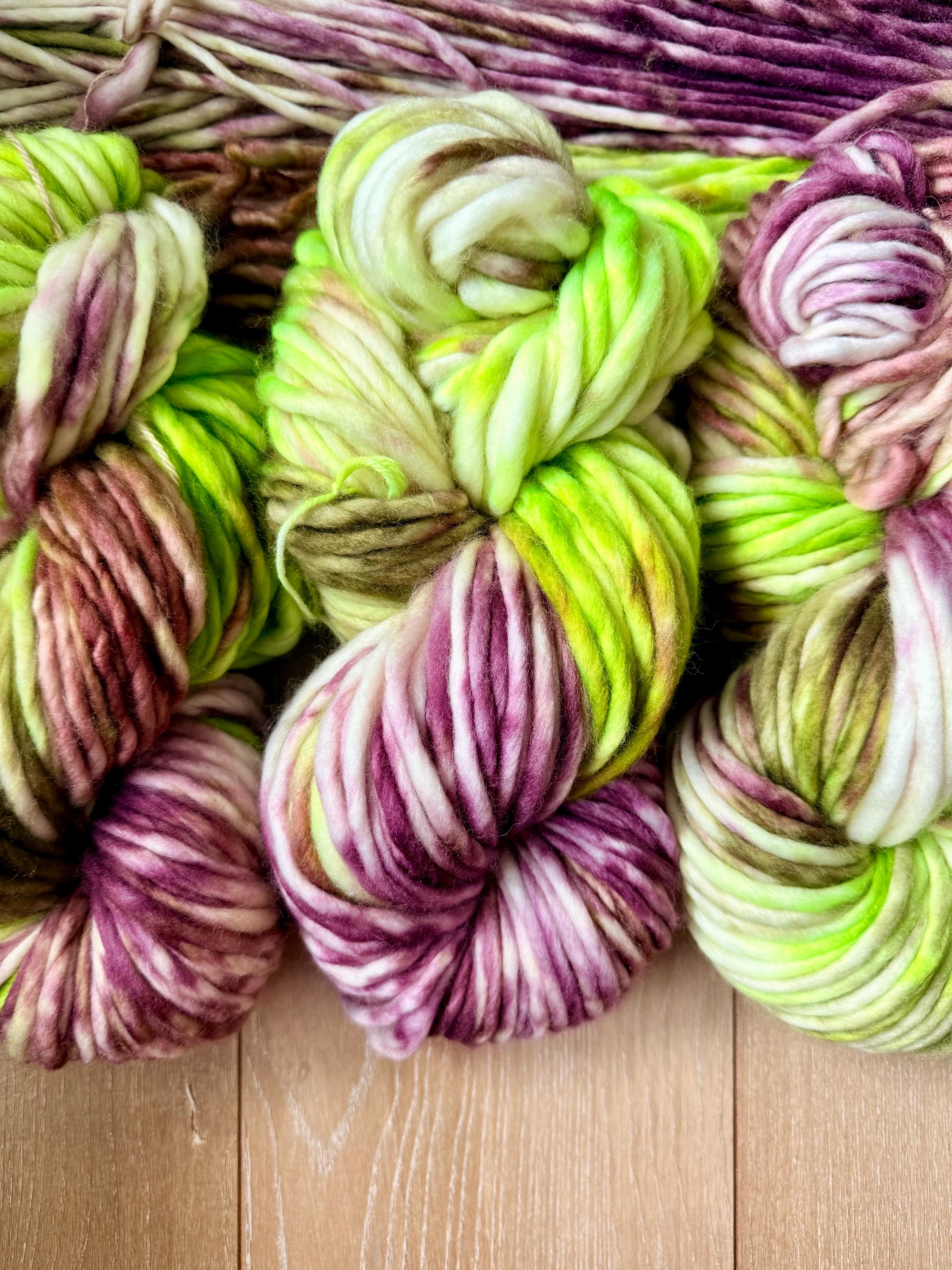 Zombie dance hand dyed super bulky merino wool, size 6 Halloween purple green brown multicolor, indie dye, superwash colorway