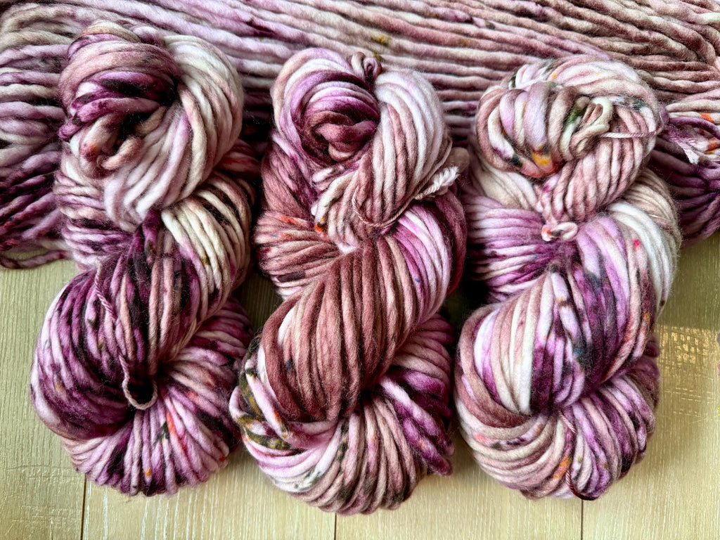 Velvet hand dyed super bulky merino wool, size 6 purple brown natural, speckled, solid, multicolor, indie dye, superwash