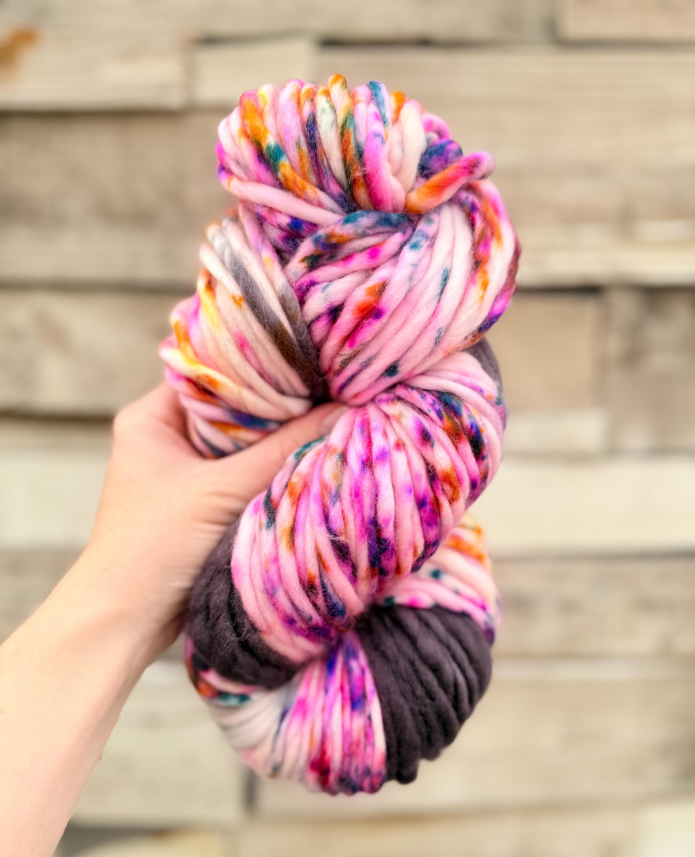Fiesta hand dyed super bulky merino wool, size 6 pink, black, speckled, solid, multicolor, indie dye, superwash spring colorway