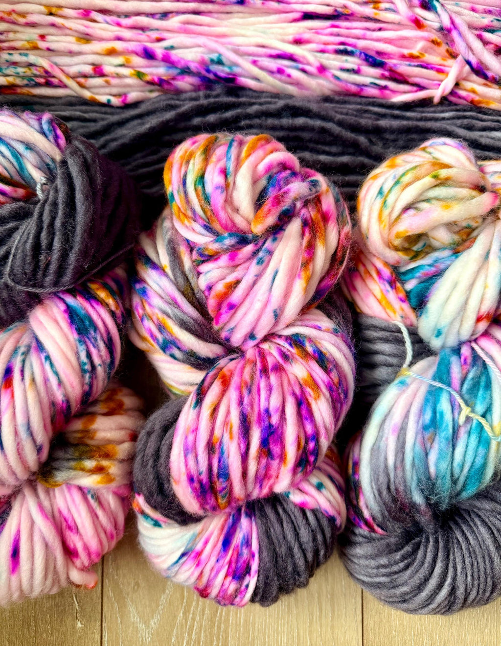 Fiesta hand dyed super bulky merino wool, size 6 pink, black, speckled, solid, multicolor, indie dye, superwash spring colorway