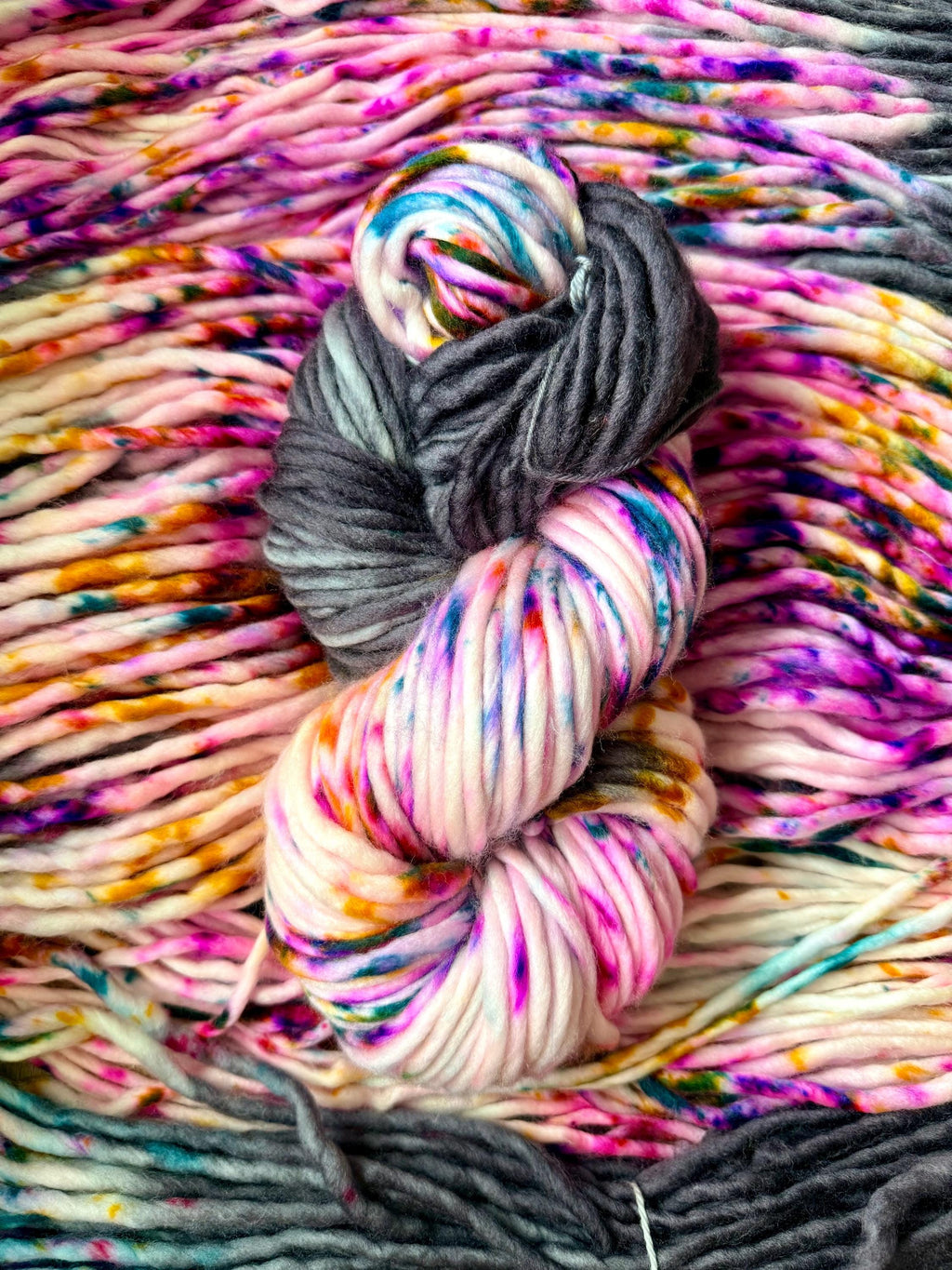 Fiesta hand dyed super bulky merino wool, size 6 pink, black, speckled, solid, multicolor, indie dye, superwash spring colorway