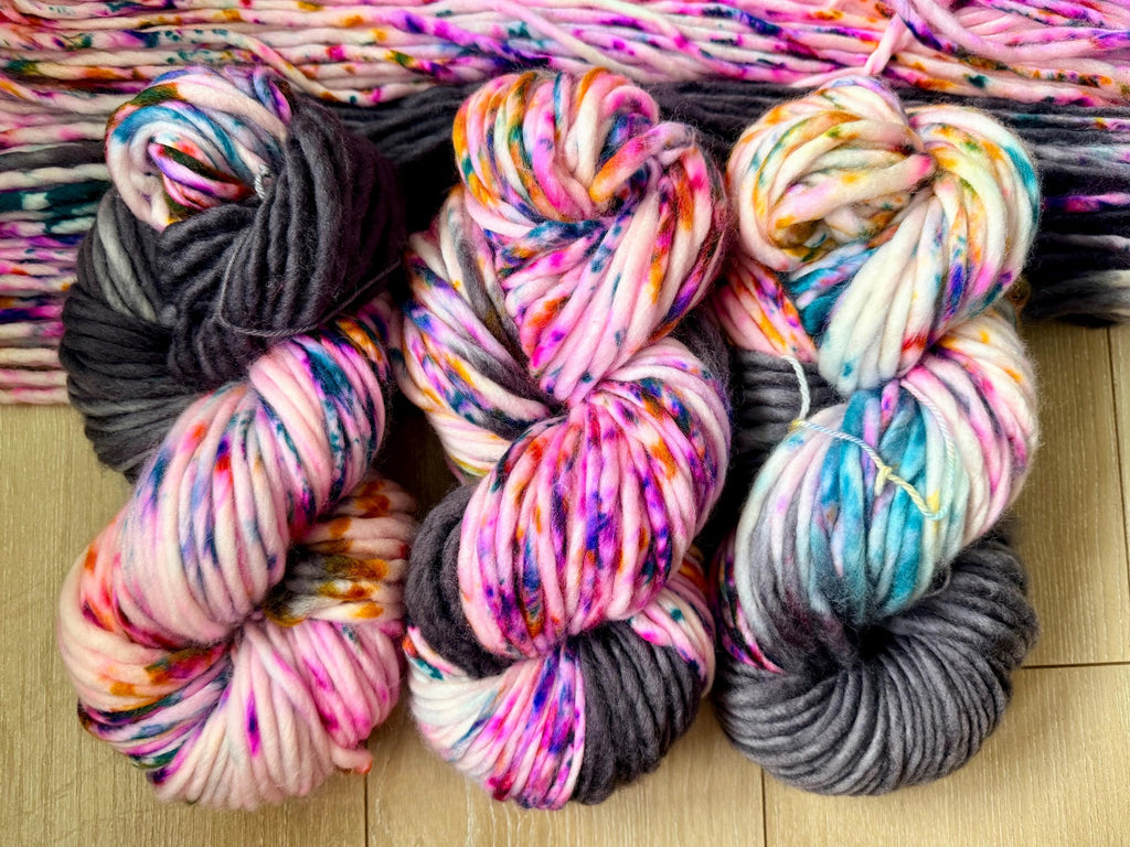 Fiesta hand dyed super bulky merino wool, size 6 pink, black, speckled, solid, multicolor, indie dye, superwash spring colorway