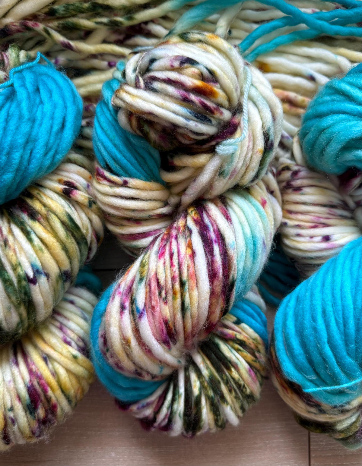 Enchanted spring hand dyed super bulky merino wool, size 6 turquoise gold ,natural, speckled, solid, multicolor, indie dye, superwash