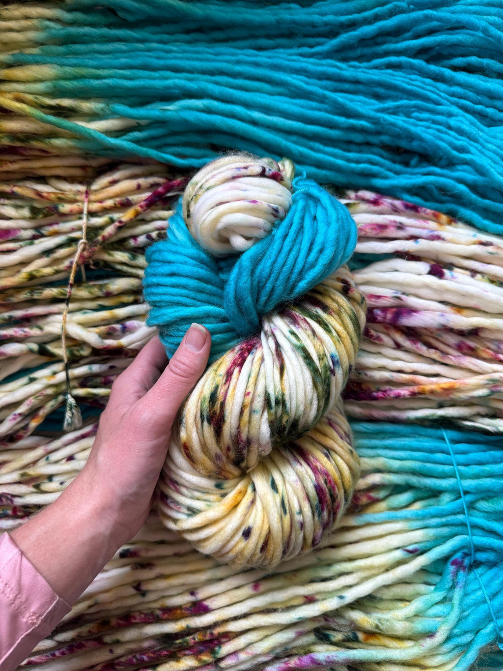 Enchanted spring hand dyed super bulky merino wool, size 6 turquoise gold ,natural, speckled, solid, multicolor, indie dye, superwash