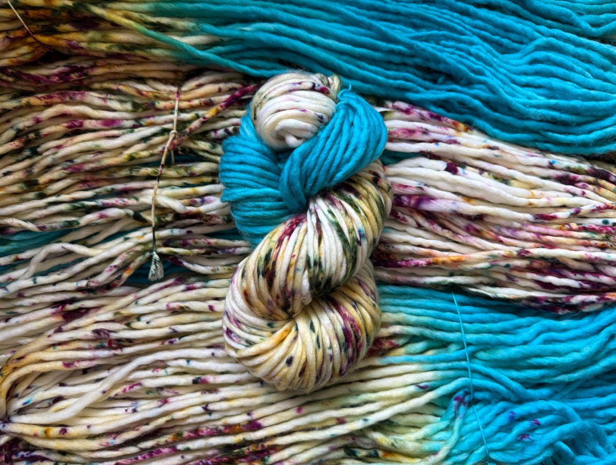 Enchanted spring hand dyed super bulky merino wool, size 6 turquoise gold ,natural, speckled, solid, multicolor, indie dye, superwash