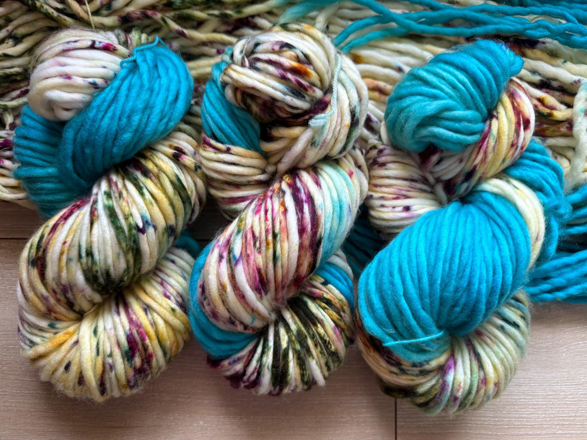 Enchanted spring hand dyed super bulky merino wool, size 6 turquoise gold ,natural, speckled, solid, multicolor, indie dye, superwash