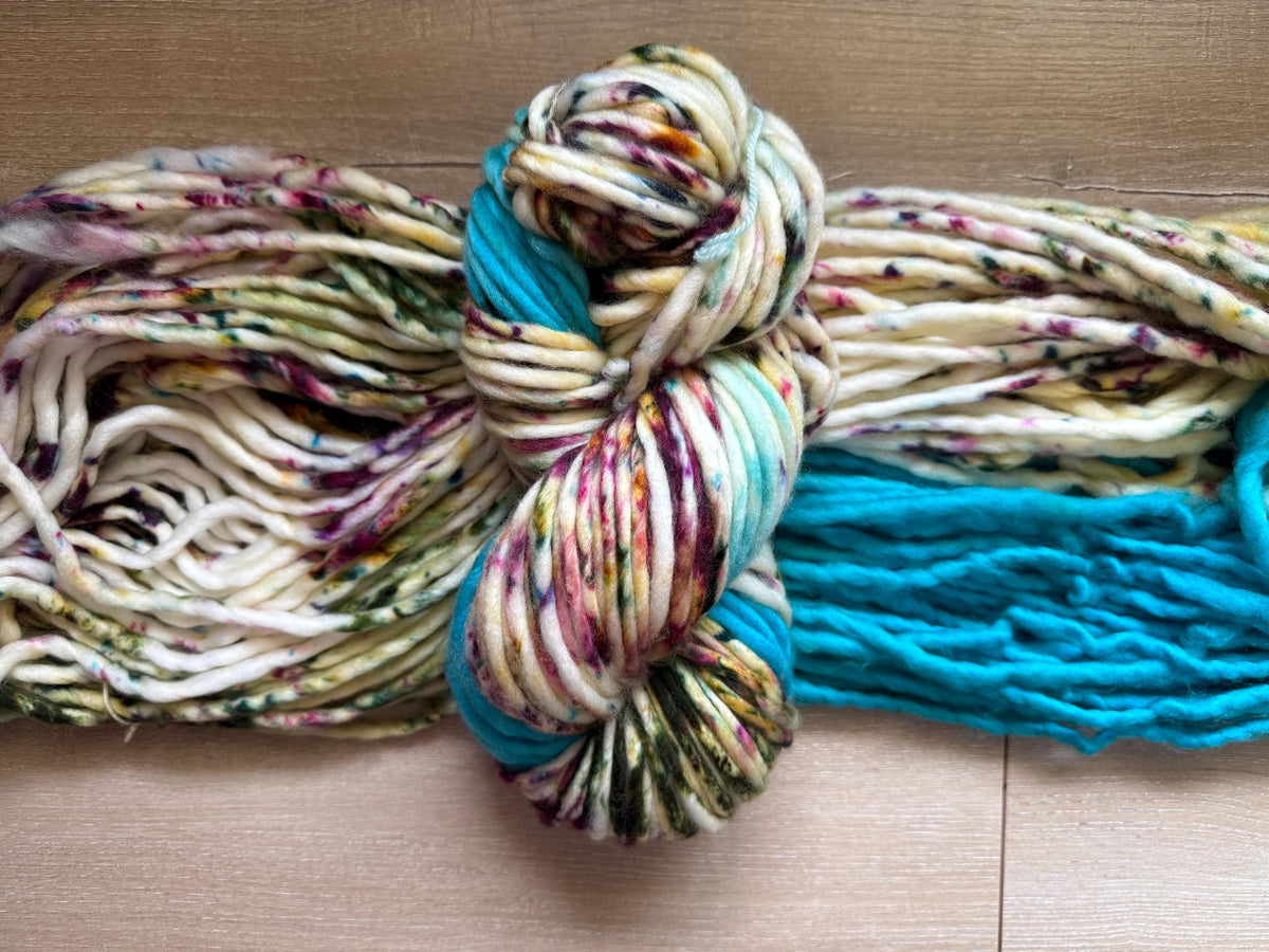 Enchanted spring hand dyed super bulky merino wool, size 6 turquoise gold ,natural, speckled, solid, multicolor, indie dye, superwash