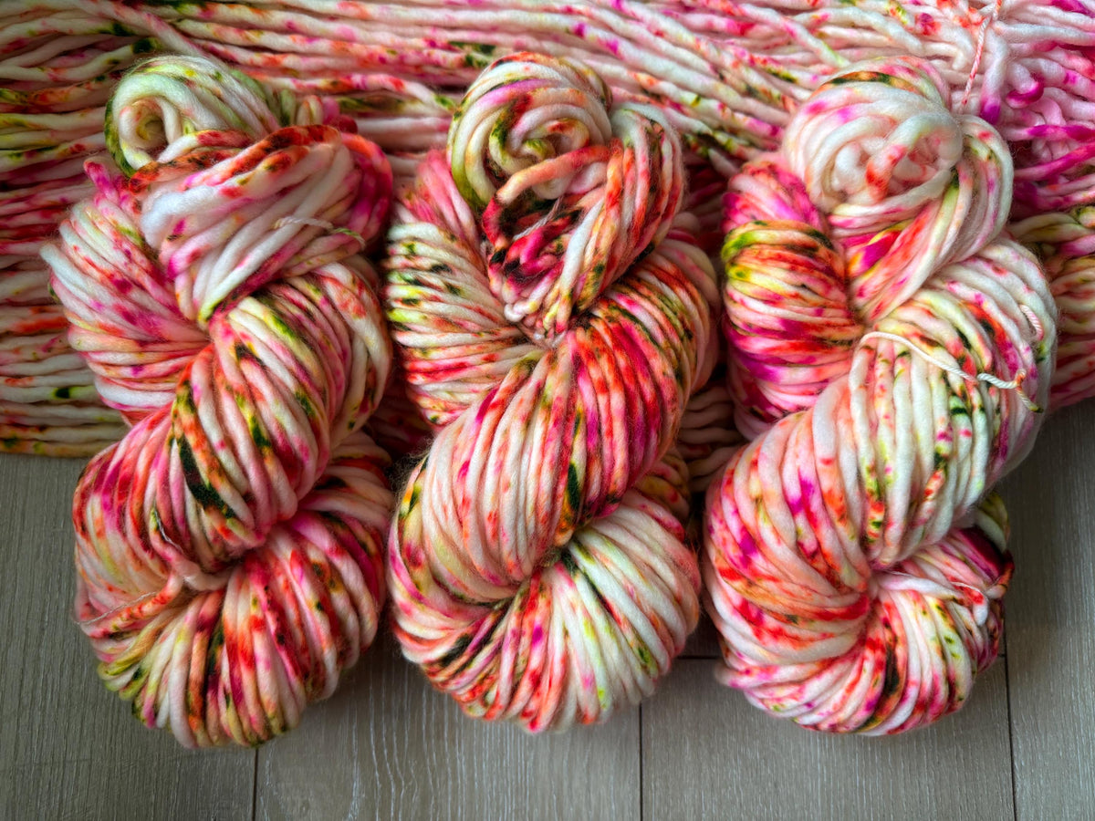 Retro pop hand dyed super bulky merino wool, size 6 pink orange green neon, speckled, solid, multicolor, indie dye, superwash