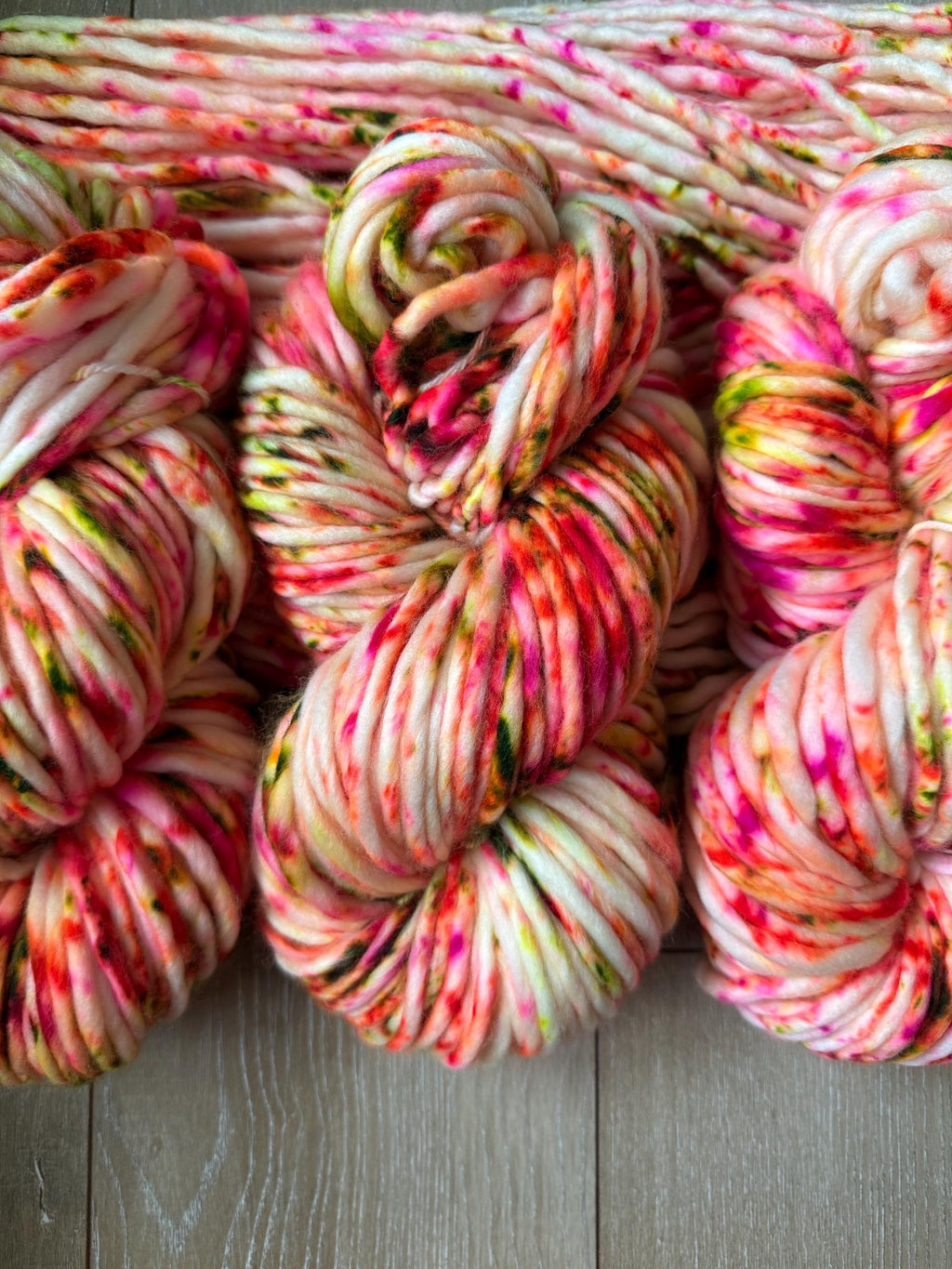 Retro pop hand dyed super bulky merino wool, size 6 pink orange green neon, speckled, solid, multicolor, indie dye, superwash