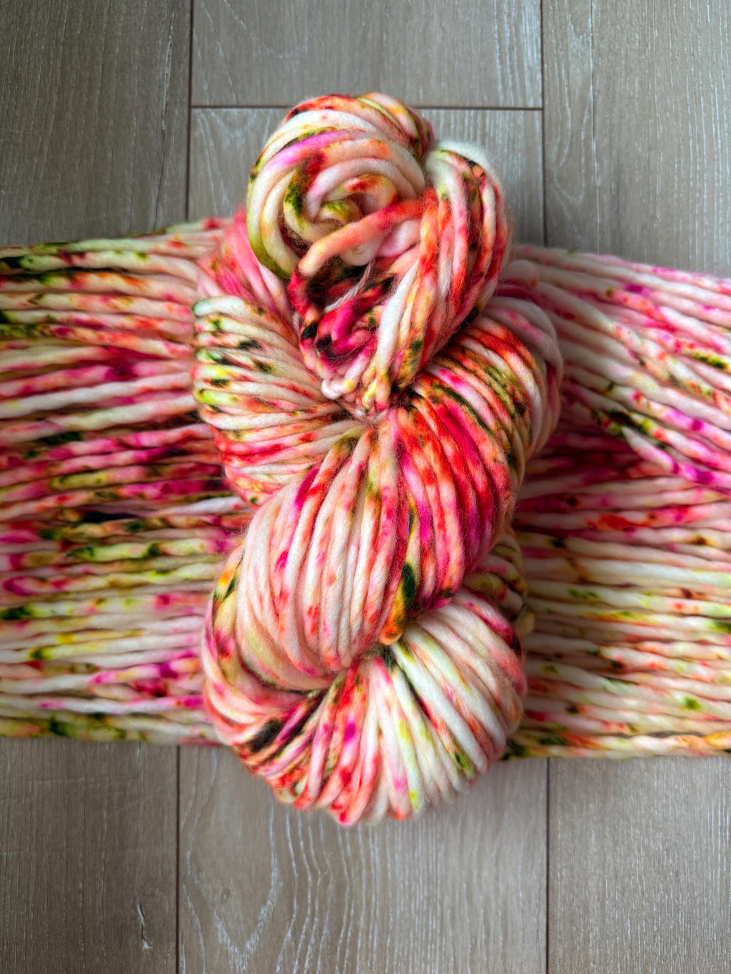 Retro pop hand dyed super bulky merino wool, size 6 pink orange green neon, speckled, solid, multicolor, indie dye, superwash