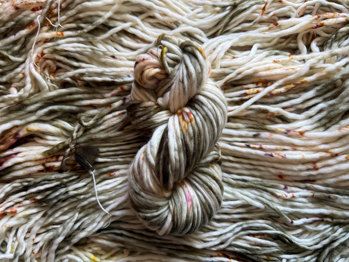 Spiced olive hand dyed super bulky merino wool, size 6 green gold purple, autumn fall natural, solid, multicolor, indie dye, superwash