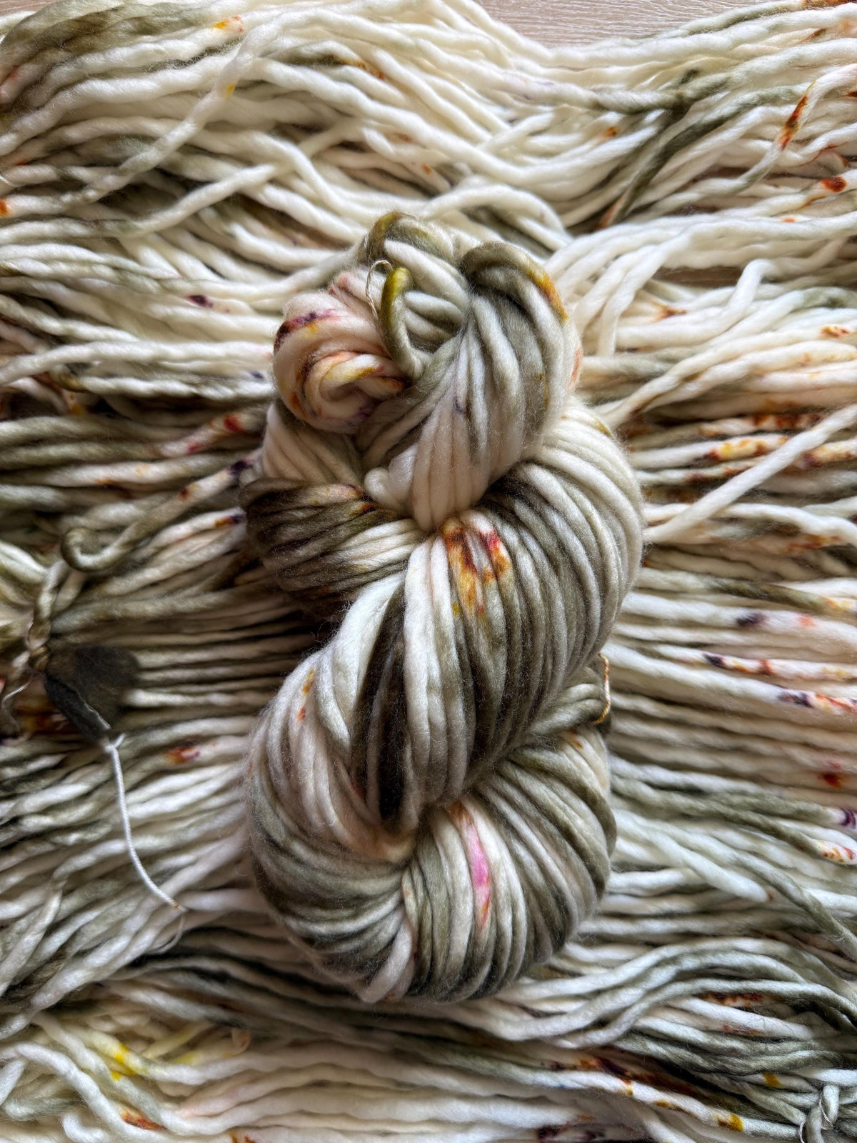 Spiced olive hand dyed super bulky merino wool, size 6 green gold purple, autumn fall natural, solid, multicolor, indie dye, superwash
