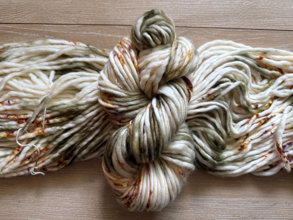 Spiced olive hand dyed super bulky merino wool, size 6 green gold purple, autumn fall natural, solid, multicolor, indie dye, superwash