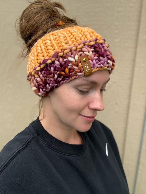 Amuck multi color Knit luxury ear warmer, adult, merino wool, adult medium, for her, handmade, gifts, orange, fall, burgundy