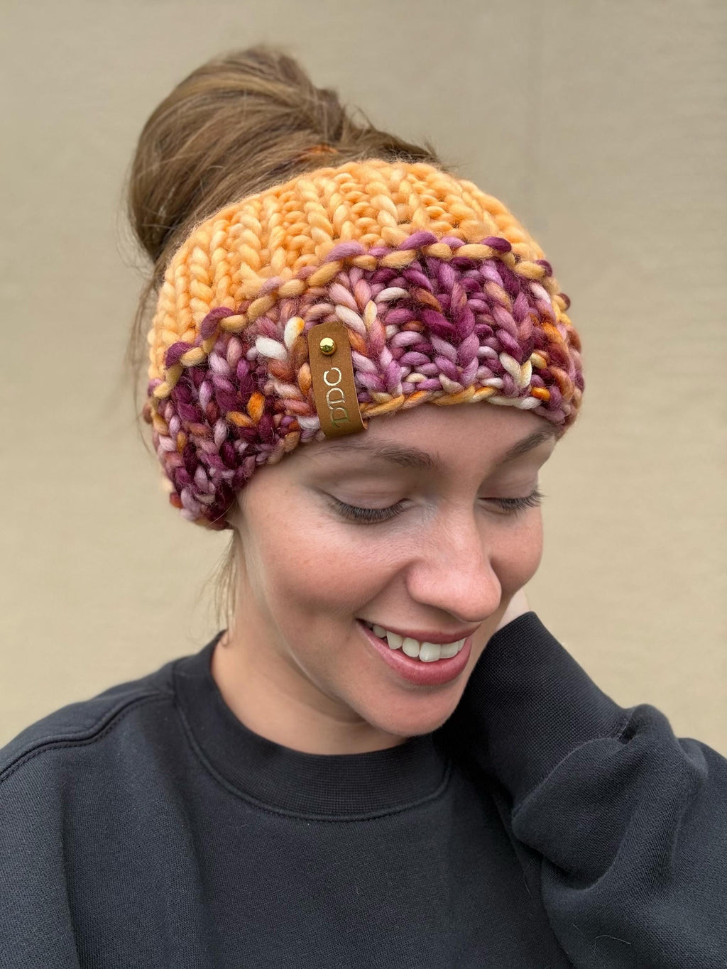 Amuck multi color Knit luxury ear warmer, adult, merino wool, adult medium, for her, handmade, gifts, orange, fall, burgundy