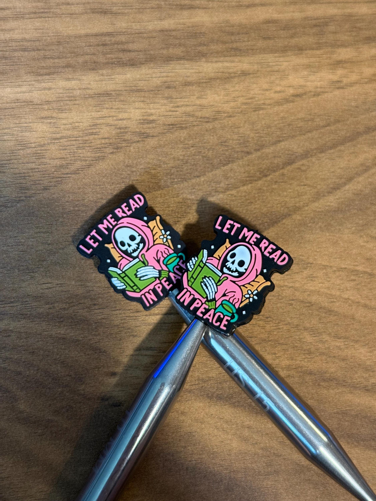Needle stoppers, stitch stopper for knitting needles, Halloween, books, reading, skeleton
