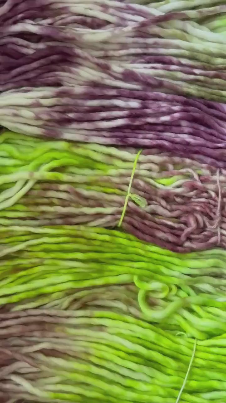Zombie dance hand dyed super bulky merino wool, size 6 Halloween purple green brown multicolor, indie dye, superwash colorway