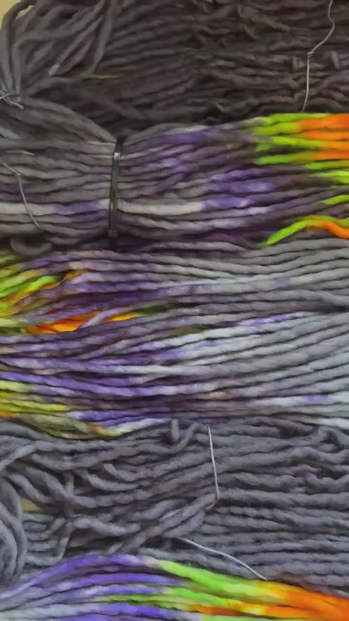 Big witch hand dyed super bulky merino wool, size 6 Halloween purple green black orange, multicolor, indie dye, superwash colorway